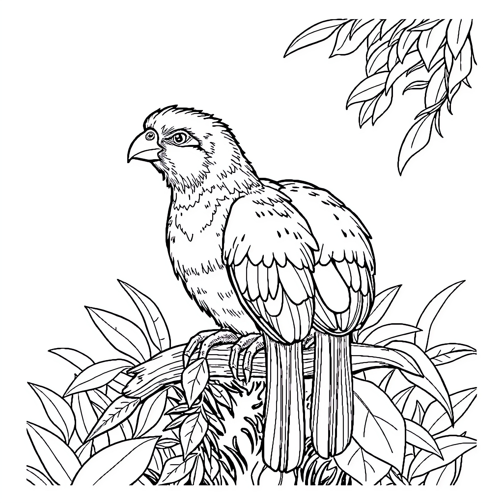 Animal perched on branch with foliage Coloring Page (free black-and-white line drawing printable PDF for all, from beginners to advanced learners, including children, teens, adults, and seniors)