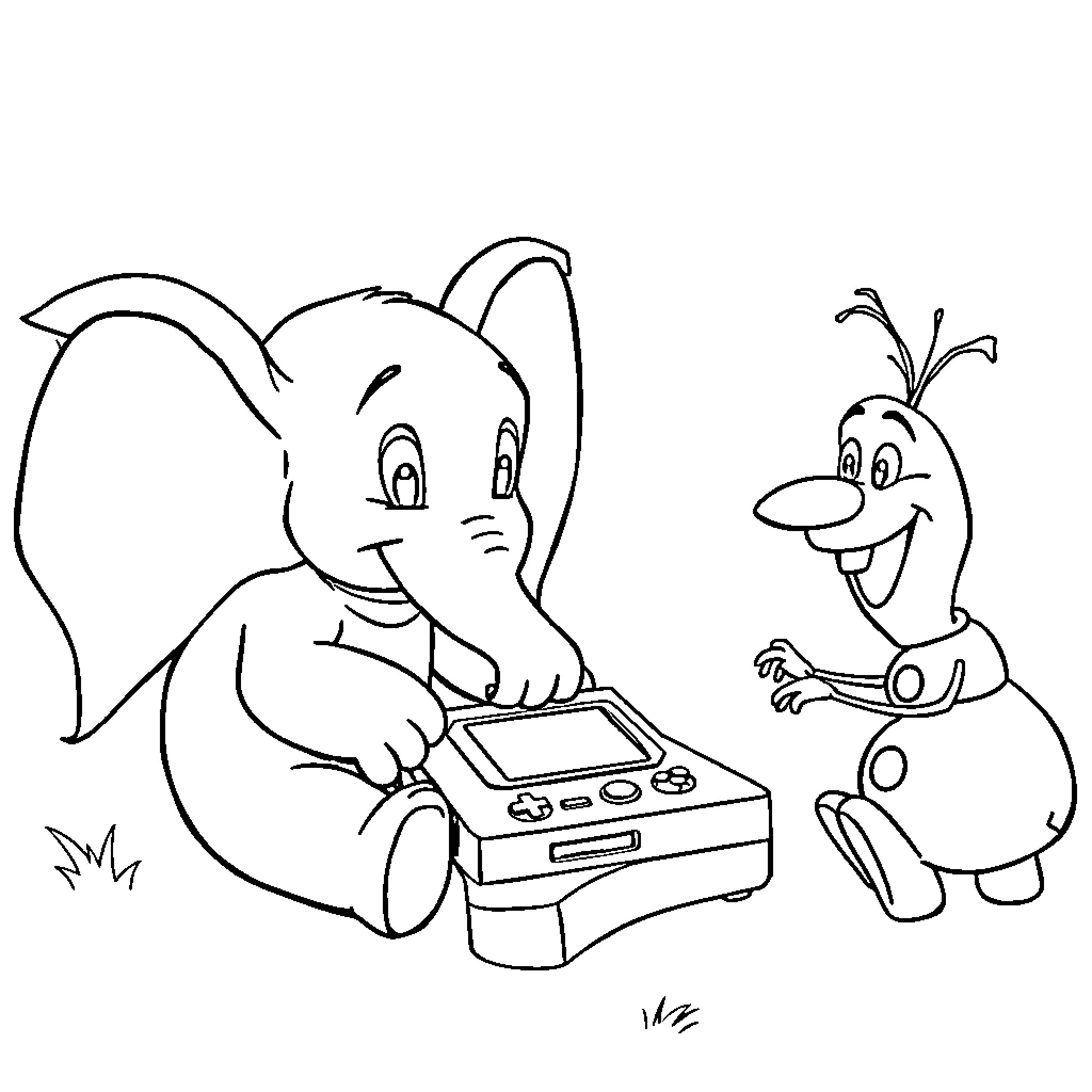 Dumbo playing video games with Olaf Coloring Page (free black-and-white line drawing printable PDF for all, from beginners to advanced learners, including children, teens, adults, and seniors)