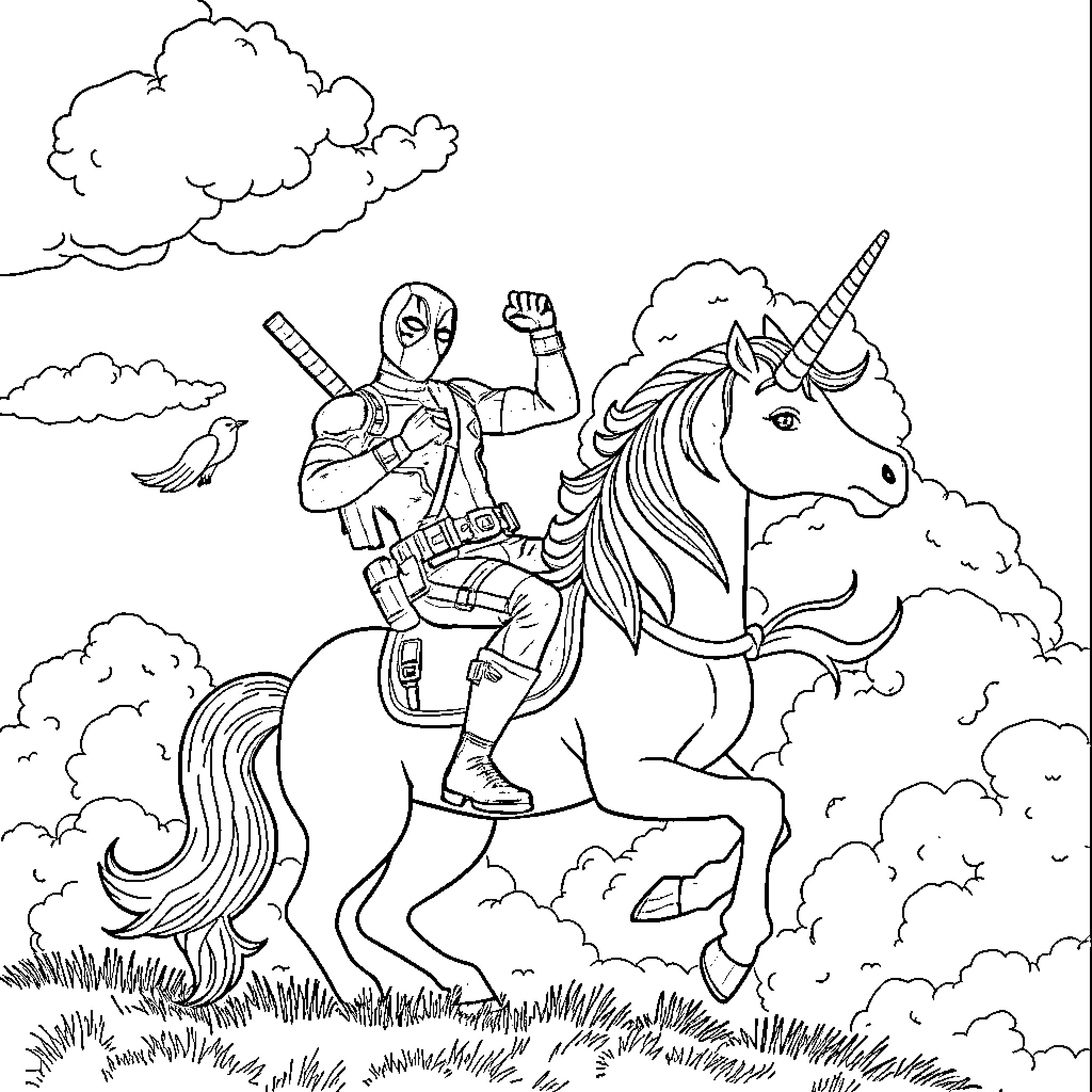 Deadpool's Fantastical Unicorn Adventure Coloring Page (free black-and-white line drawing printable PDF for all, from beginners to advanced learners, including children, teens, adults, and seniors)