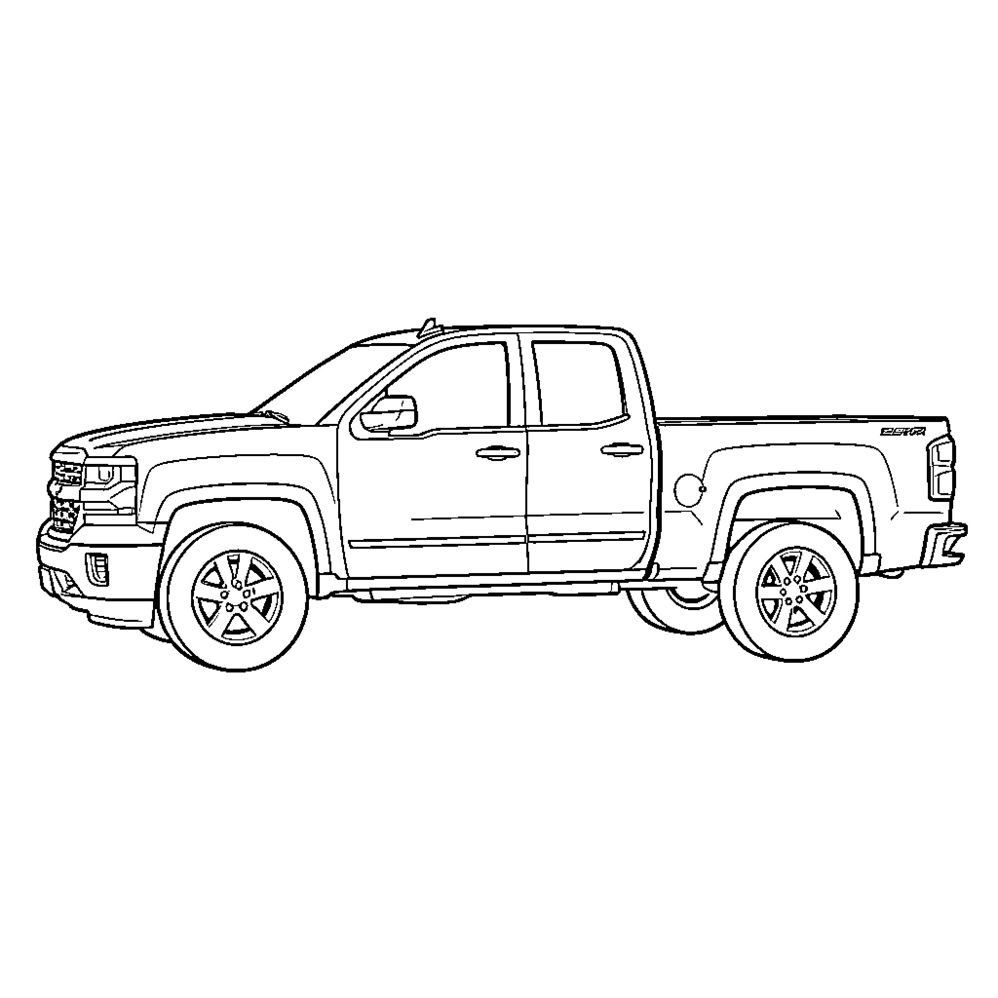 Chevy Silverado parked on a plain background Coloring Page (free black-and-white line drawing printable PDF for all, from beginners to advanced learners, including children, teens, adults, and seniors)