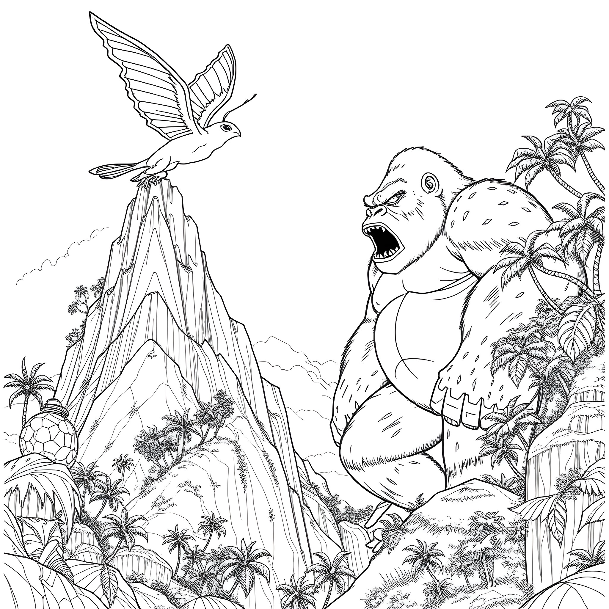 Mothra battles a fearsome beast in the tropical jungle Coloring Page (free black-and-white line drawing printable PDF for all, from beginners to advanced learners, including children, teens, adults, and seniors)