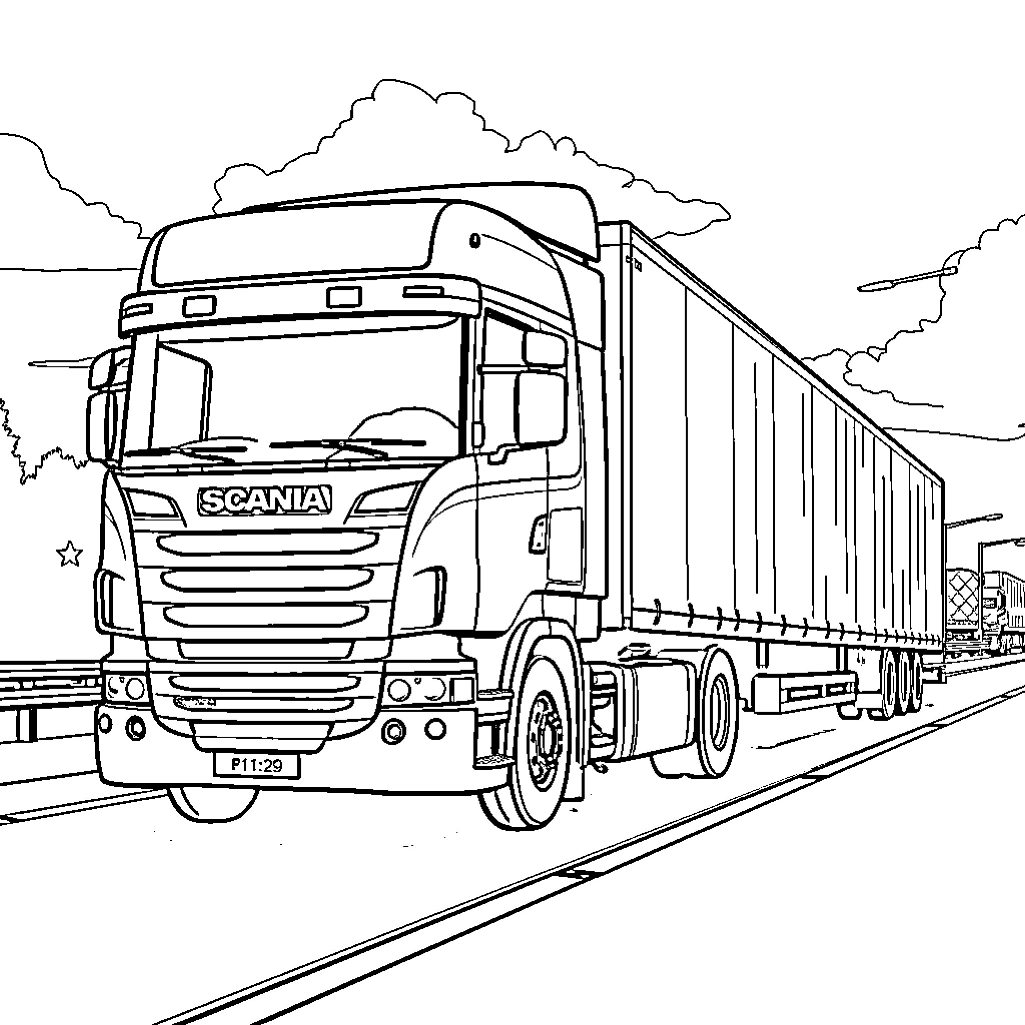 Truck transporting cargo on the highway Coloring Page (free black-and-white line drawing printable PDF for all, from beginners to advanced learners, including children, teens, adults, and seniors)