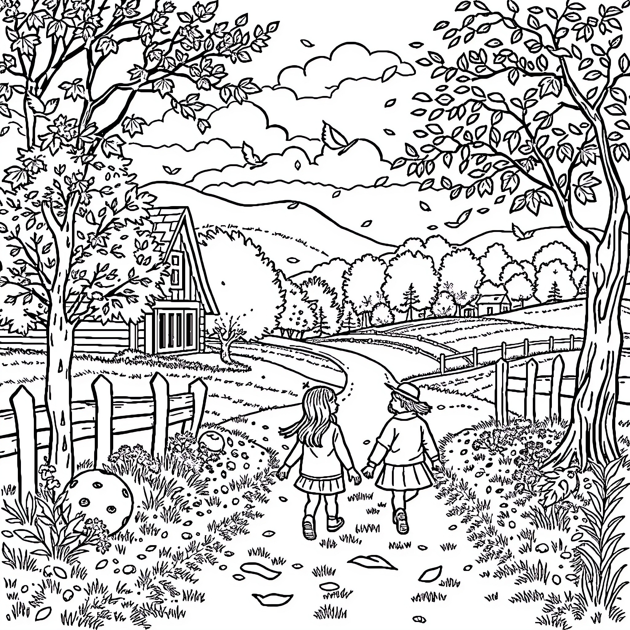 Child Exploring the Enchanting Countryside Coloring Page (free black-and-white line drawing printable PDF for all, from beginners to advanced learners, including children, teens, adults, and seniors)