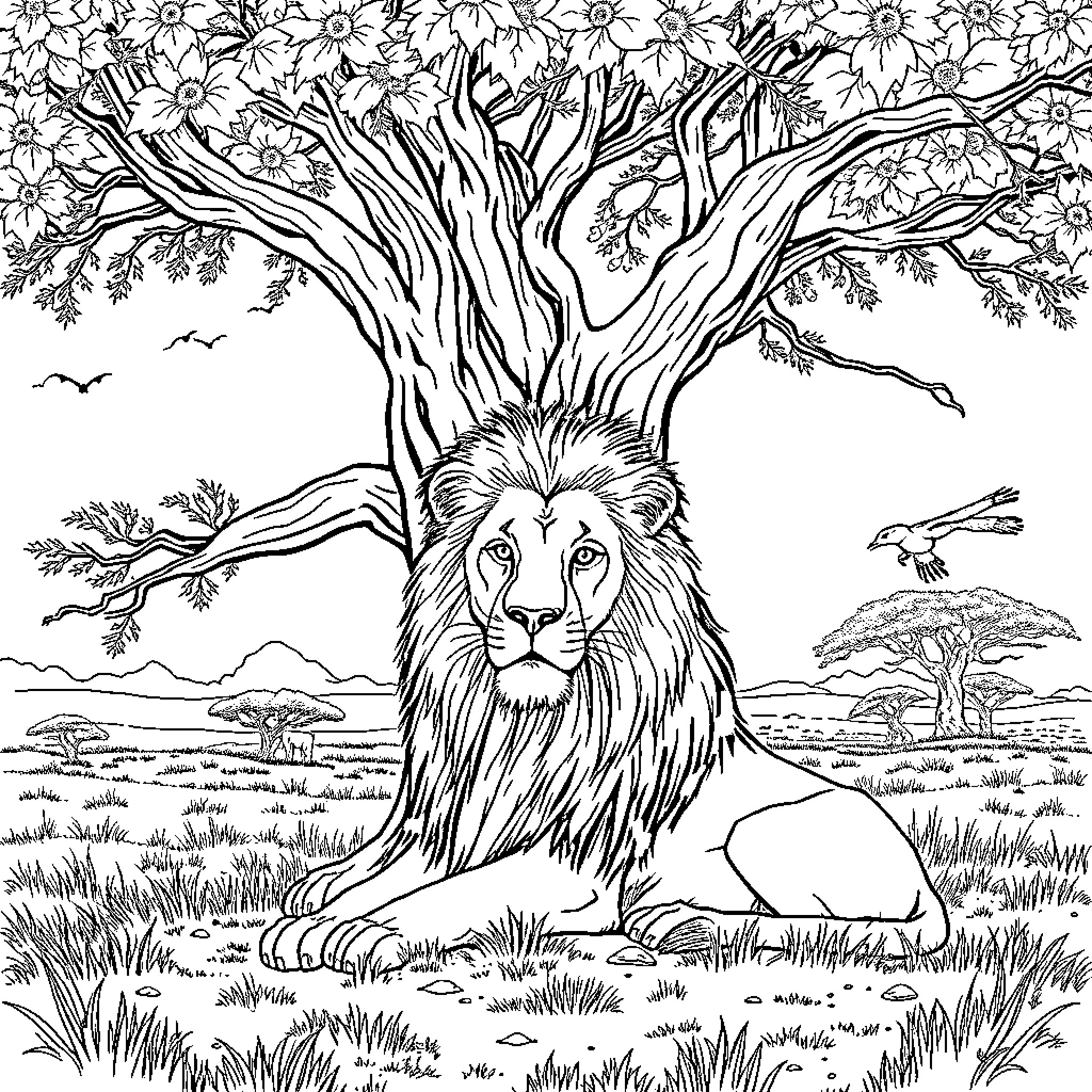 Lion Resting Beneath Blooming Tree in African Savanna Coloring Page (free black-and-white line drawing printable PDF for all, from beginners to advanced learners, including children, teens, adults, and seniors)
