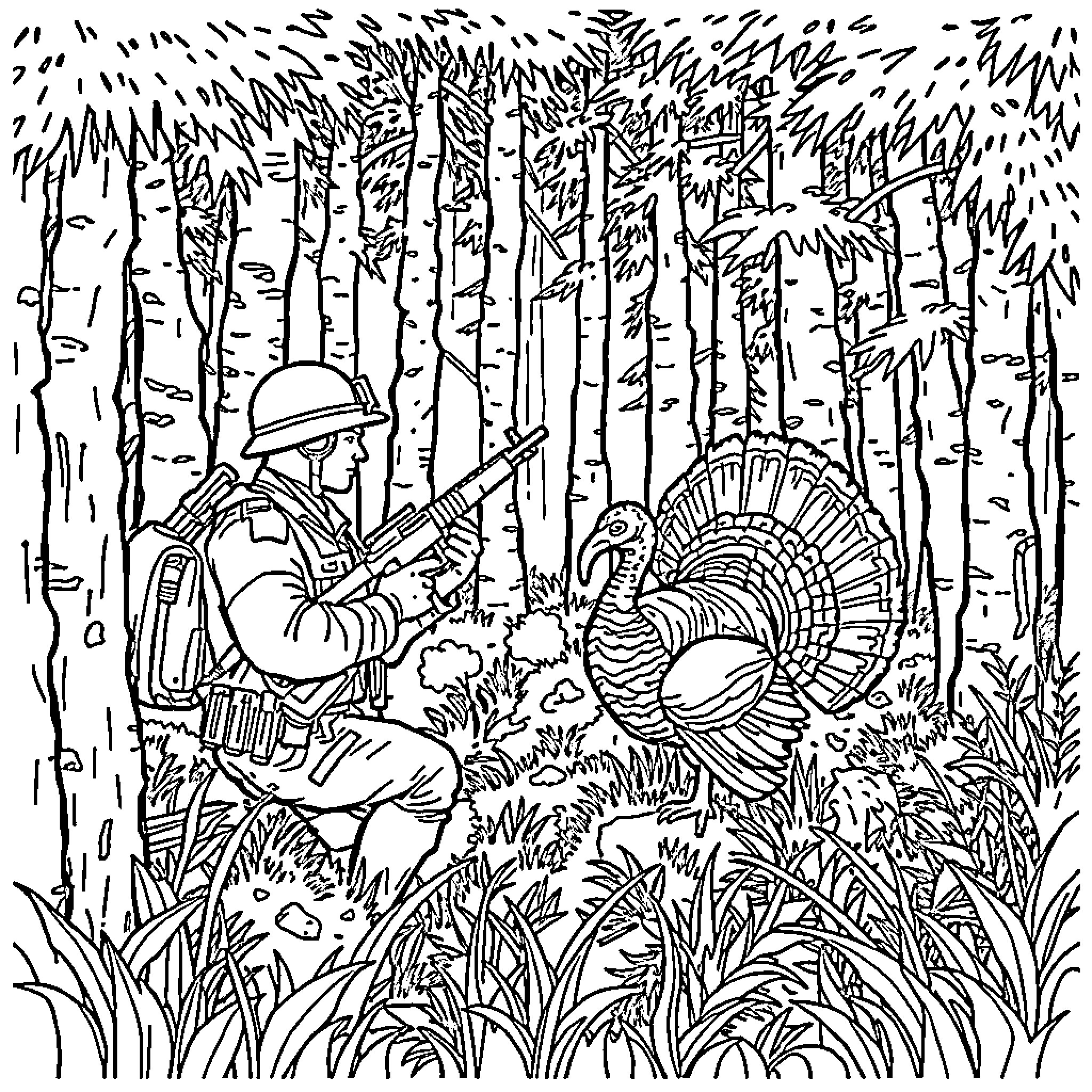 Marine Soldier Hunting Turkey in Woodland Coloring Page (free black-and-white line drawing printable PDF for all, from beginners to advanced learners, including children, teens, adults, and seniors)