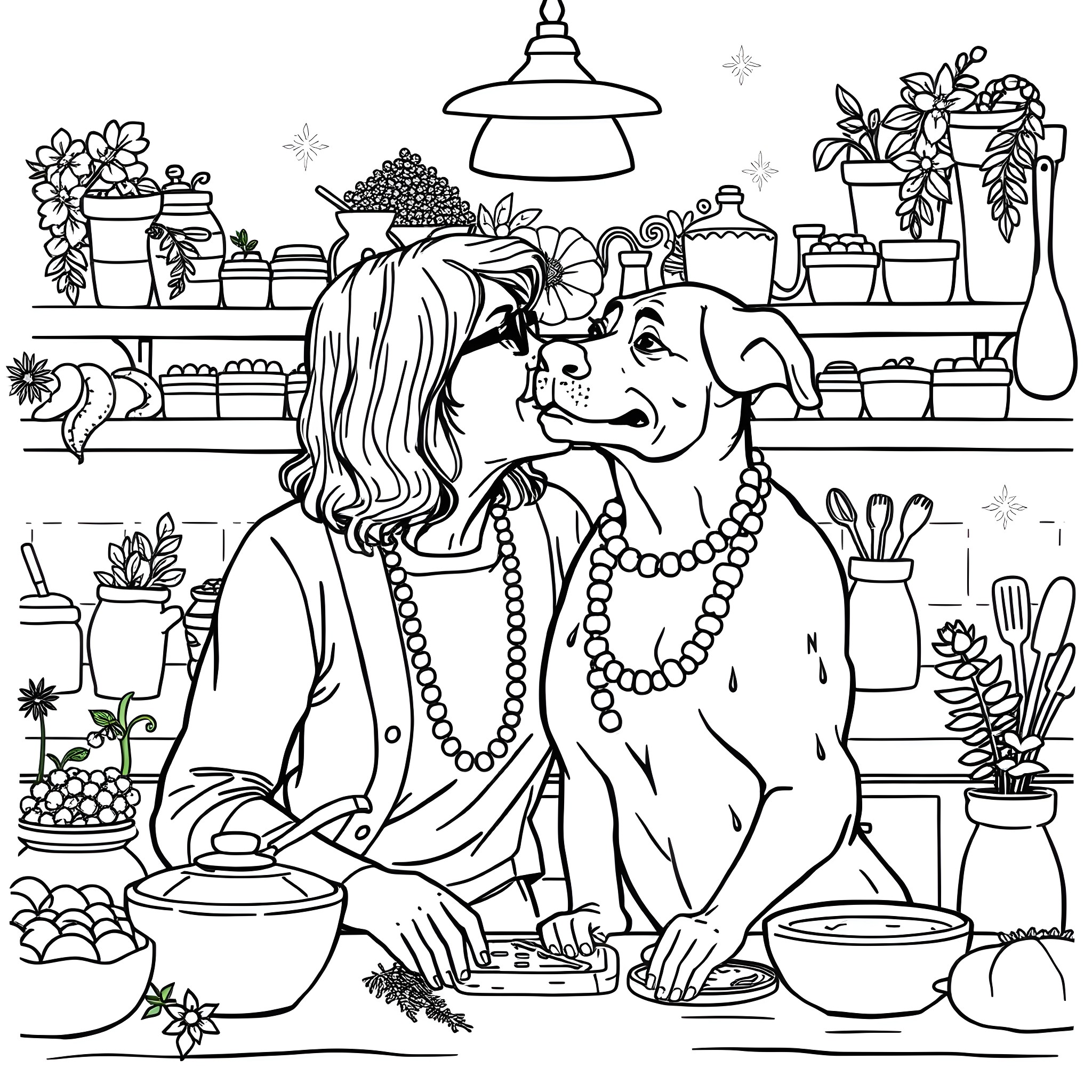 Martha Stewart Cooking with Her Canine Companion Coloring Page (free black-and-white line drawing printable PDF for all, from beginners to advanced learners, including children, teens, adults, and seniors)