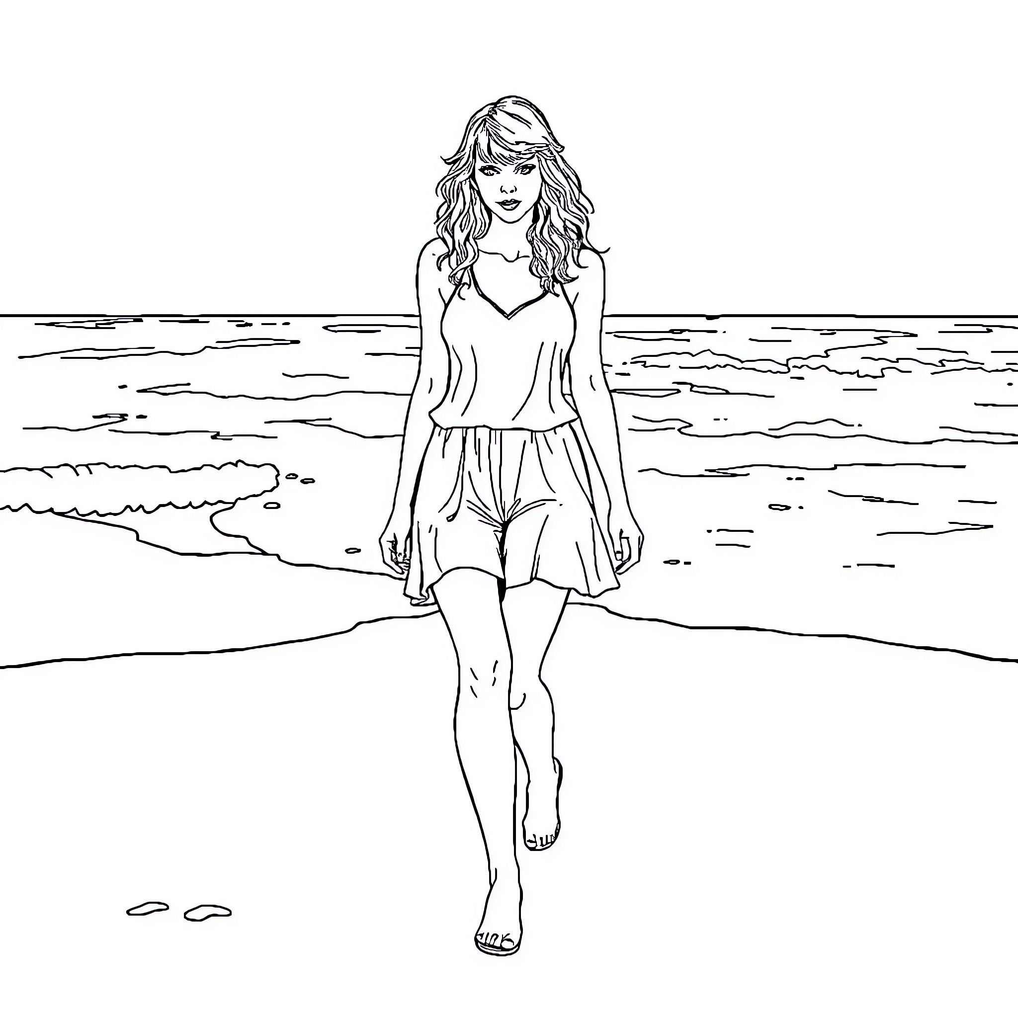 Taylor Swift enjoying a peaceful beach day Coloring Page (free black-and-white line drawing printable PDF for all, from beginners to advanced learners, including children, teens, adults, and seniors)