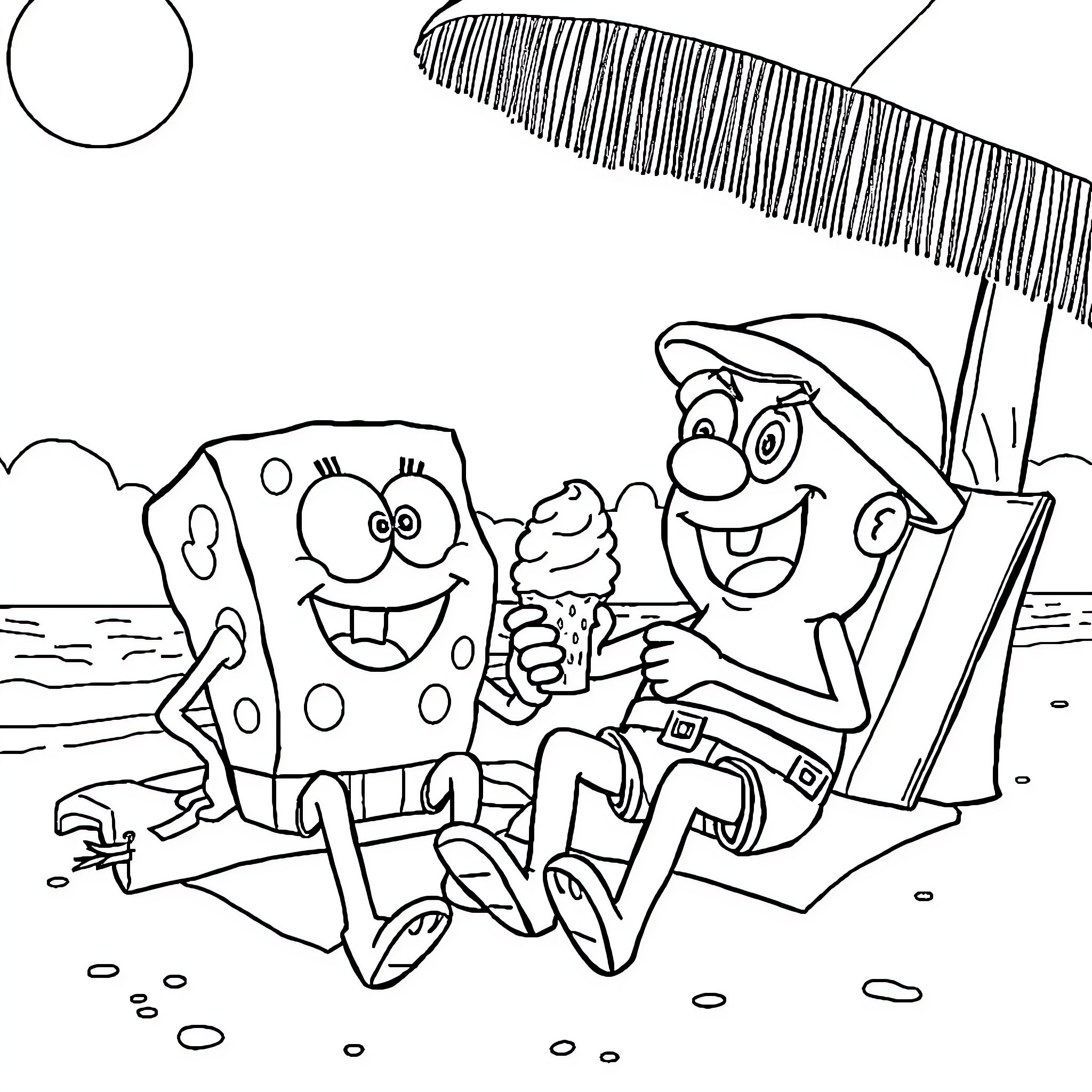 Spongebob and Patrick enjoying a beach day Coloring Page (free black-and-white line drawing printable PDF for all, from beginners to advanced learners, including children, teens, adults, and seniors)