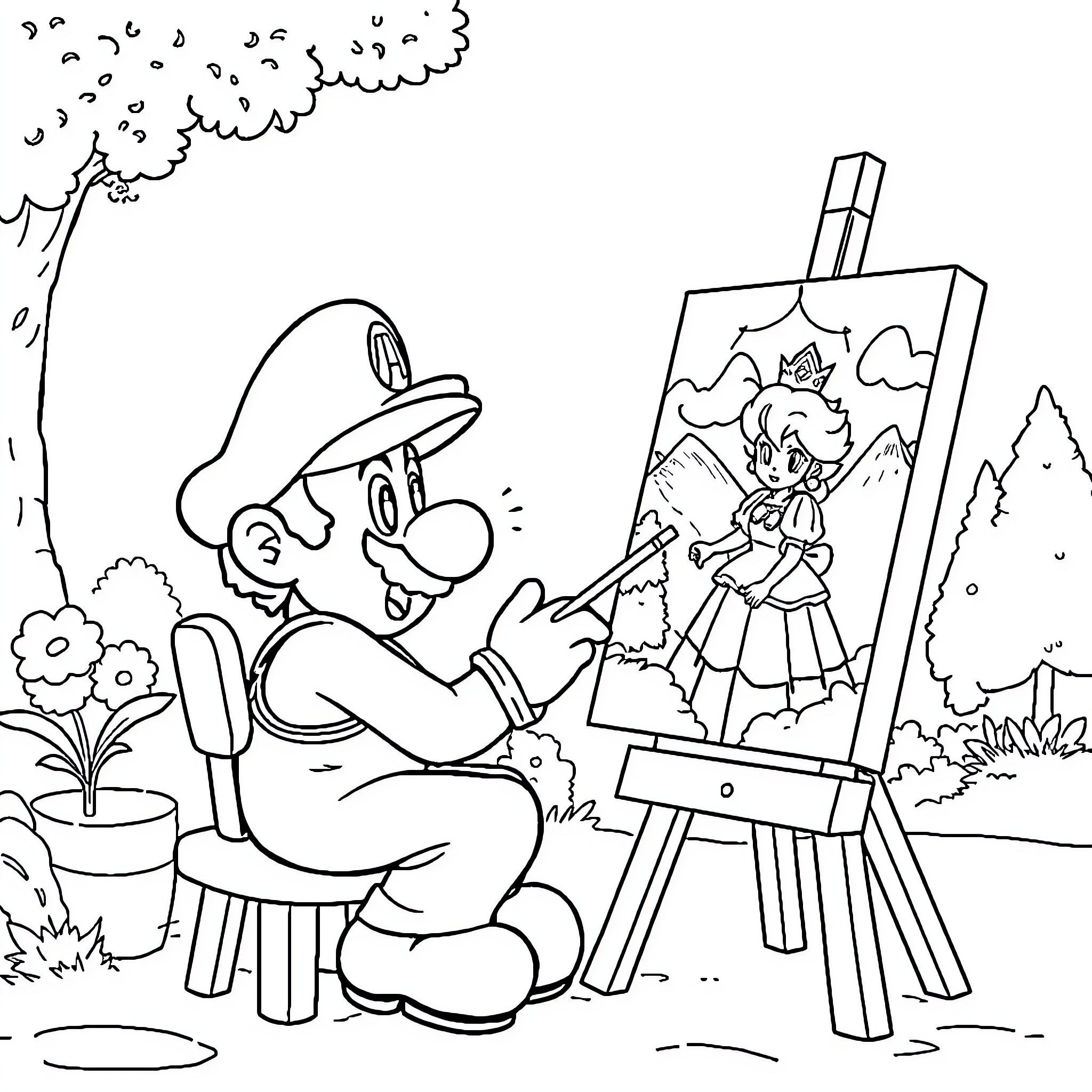 Super Mario Painting on Canvas in the Park Coloring Page (free black-and-white line drawing printable PDF for all, from beginners to advanced learners, including children, teens, adults, and seniors)