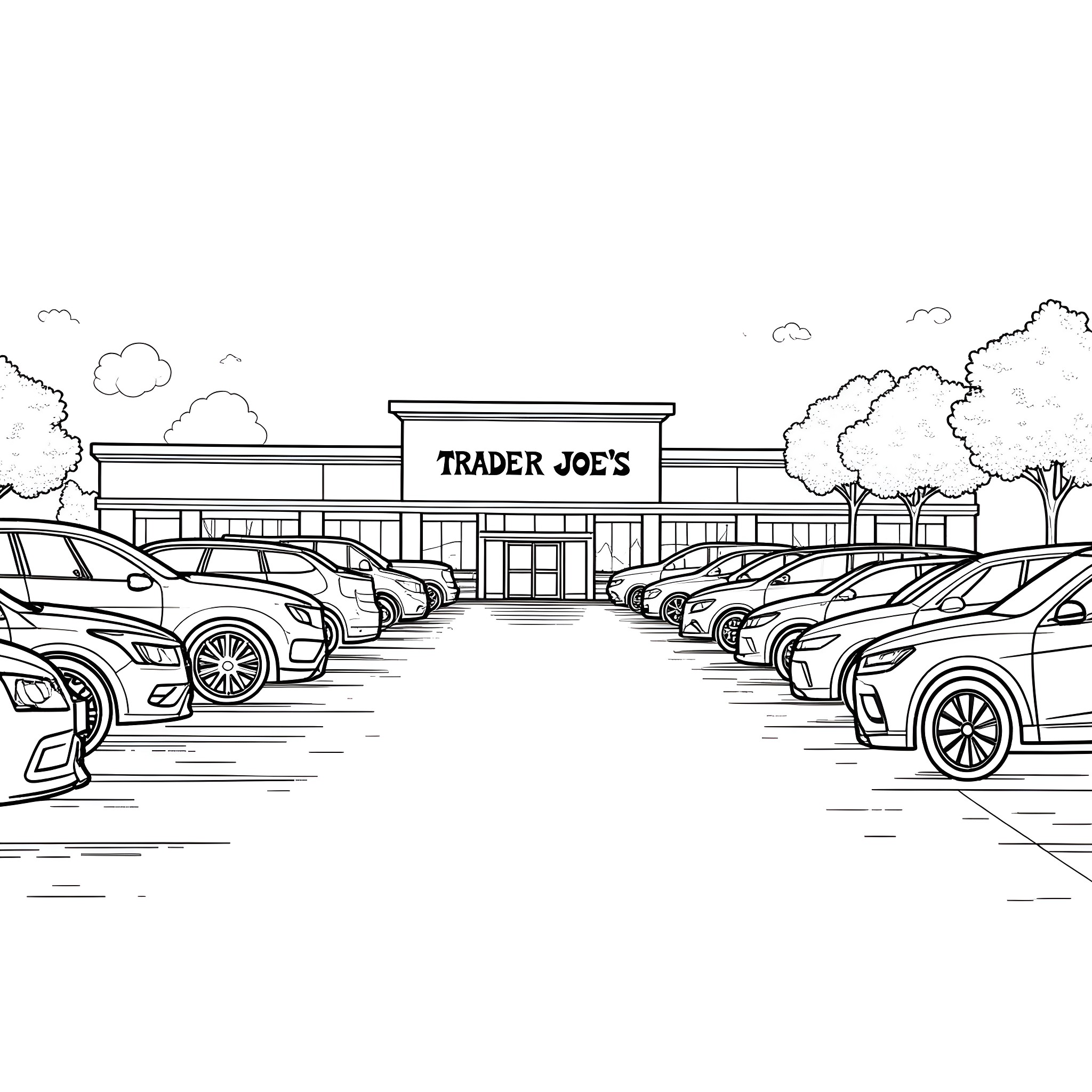 Trader Joe's parking lot with cars and buildings Coloring Page (free black-and-white line drawing printable PDF for all, from beginners to advanced learners, including children, teens, adults, and seniors)
