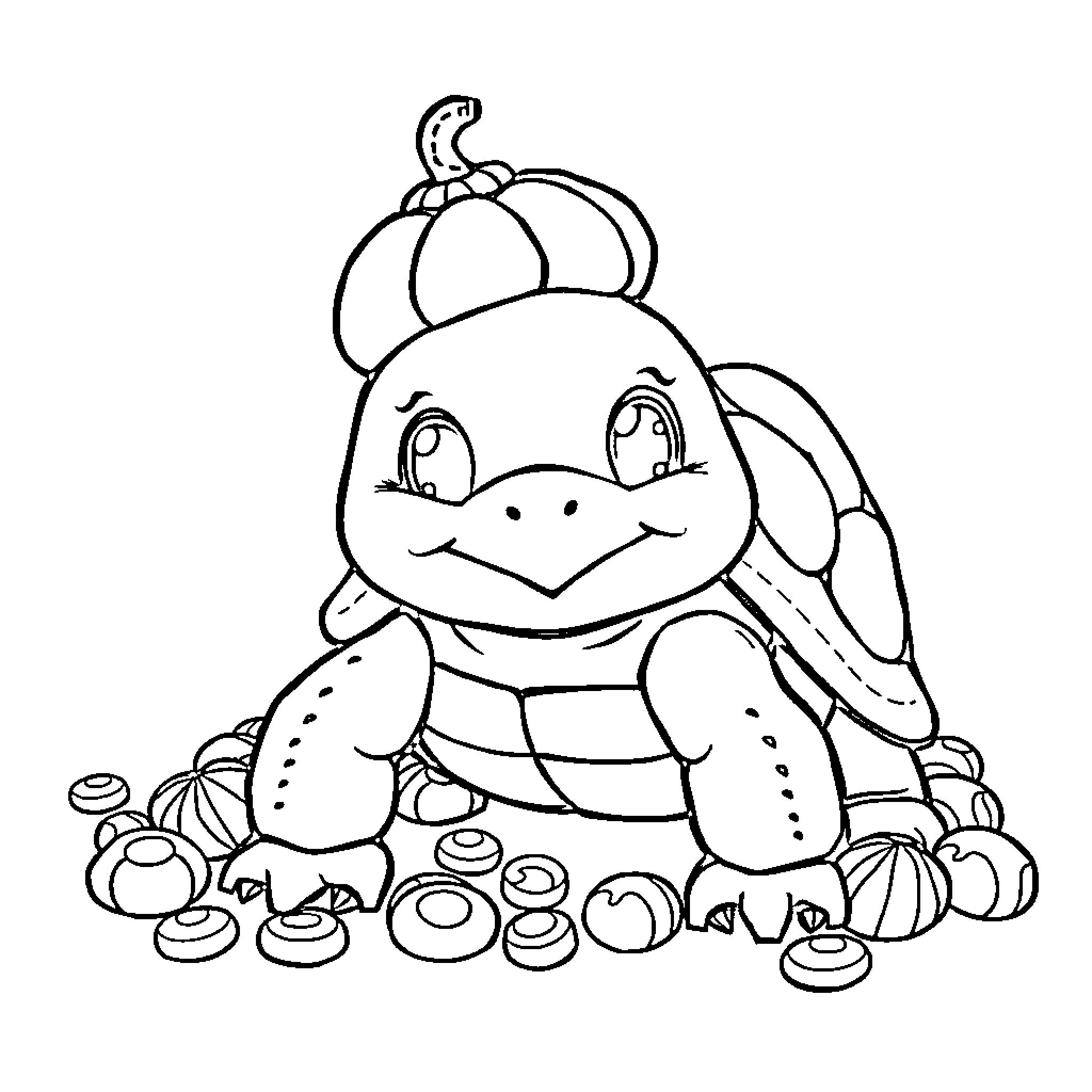 Turtle resting among stones and foliage Coloring Page (free black-and-white line drawing printable PDF for all, from beginners to advanced learners, including children, teens, adults, and seniors)