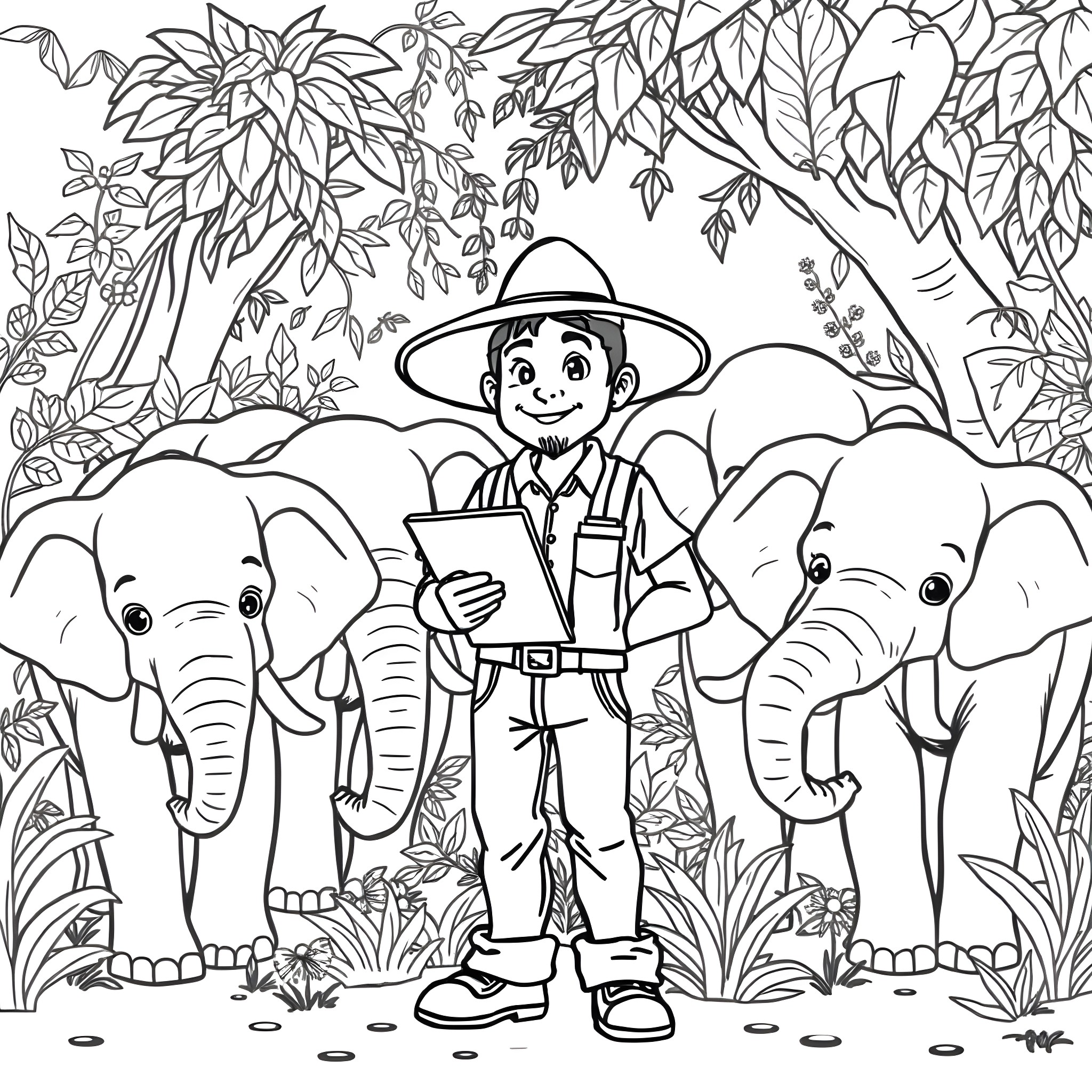 Zookeeper guiding visitors to see elephants in the wild Coloring Page (free black-and-white line drawing printable PDF for all, from beginners to advanced learners, including children, teens, adults, and seniors)