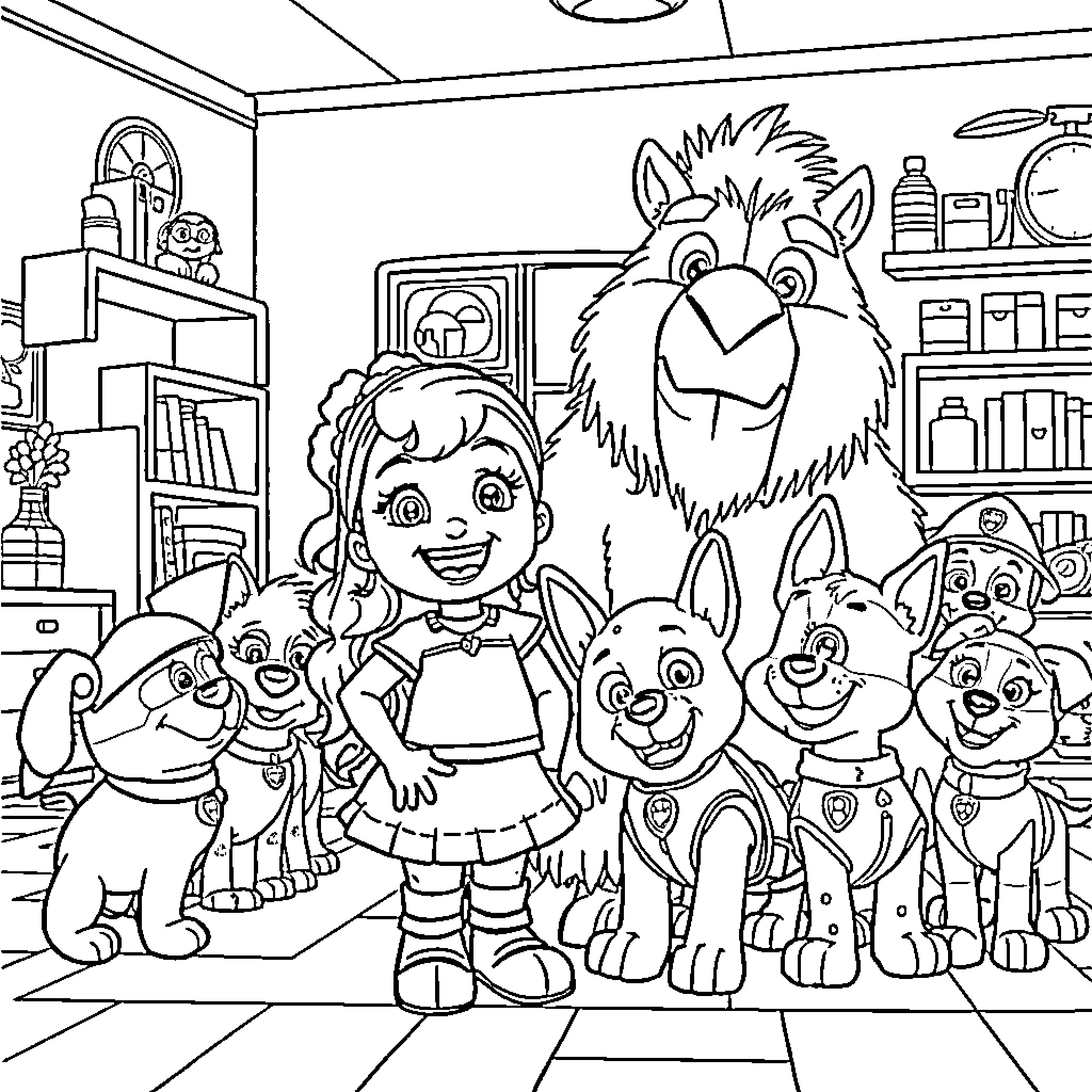 Gabby's Adorable Animal Friends in Cozy Home Coloring Page (free black-and-white line drawing printable PDF for all, from beginners to advanced learners, including children, teens, adults, and seniors)