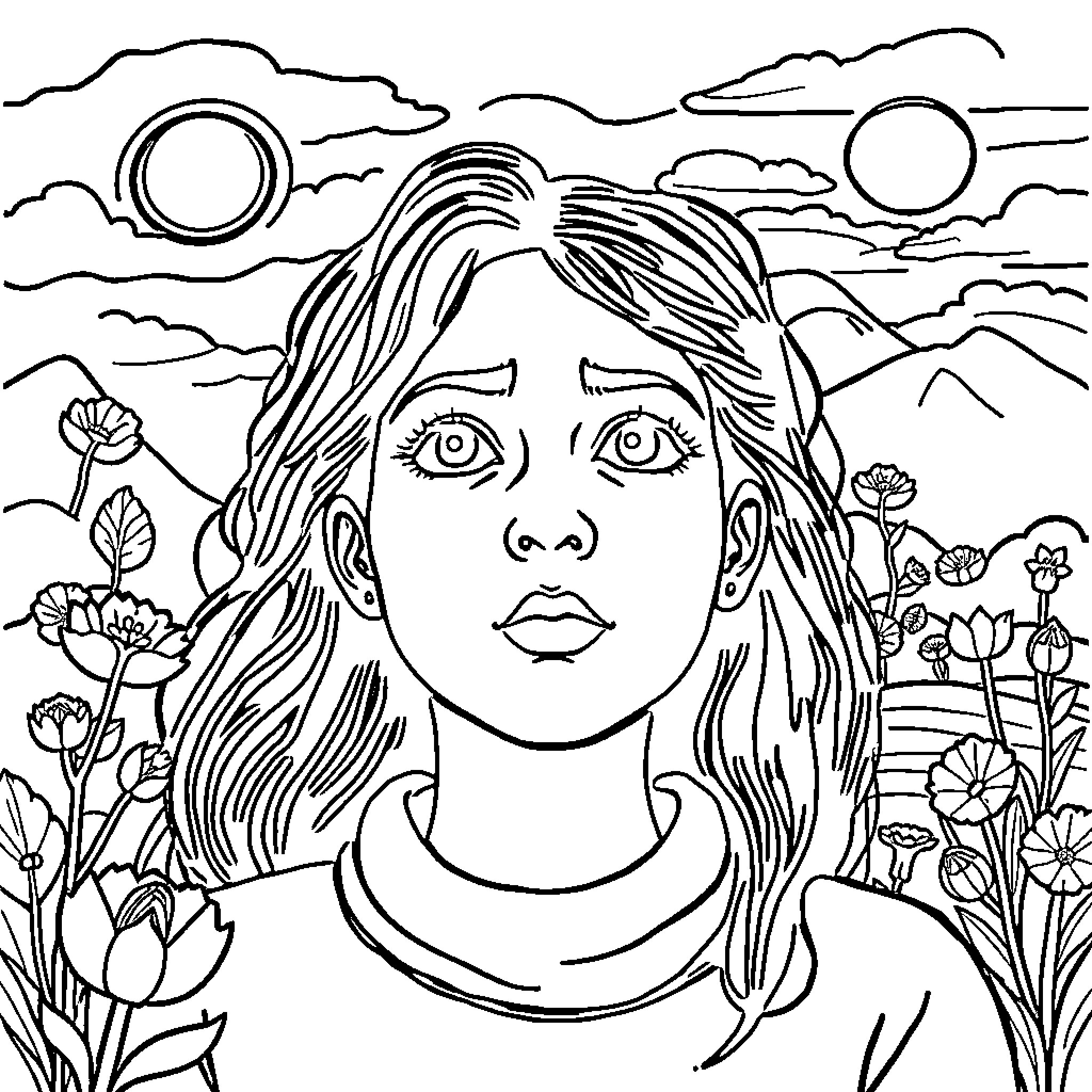 Mental Health: Woman Surrounded by Nature Coloring Page (free black-and-white line drawing printable PDF for all, from beginners to advanced learners, including children, teens, adults, and seniors)