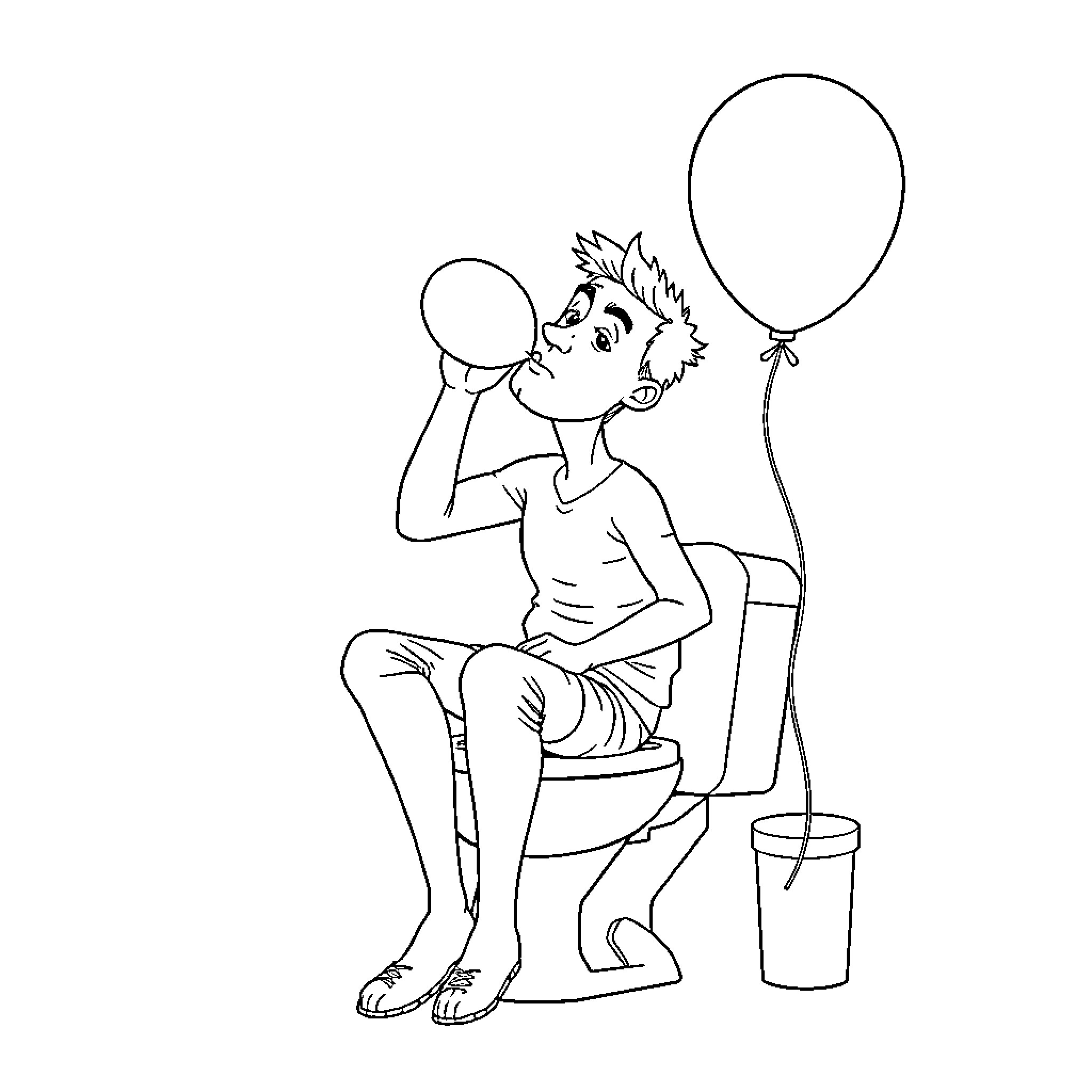 Man blowing up balloons in a whimsical scene Coloring Page (free black-and-white line drawing printable PDF for all, from beginners to advanced learners, including children, teens, adults, and seniors)