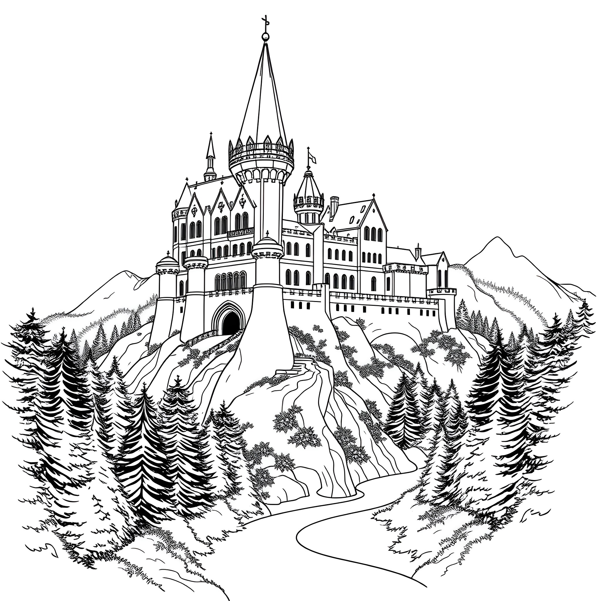 Castle with Fairytale Scenery Coloring Page (free black-and-white line drawing printable PDF for all, from beginners to advanced learners, including children, teens, adults, and seniors)