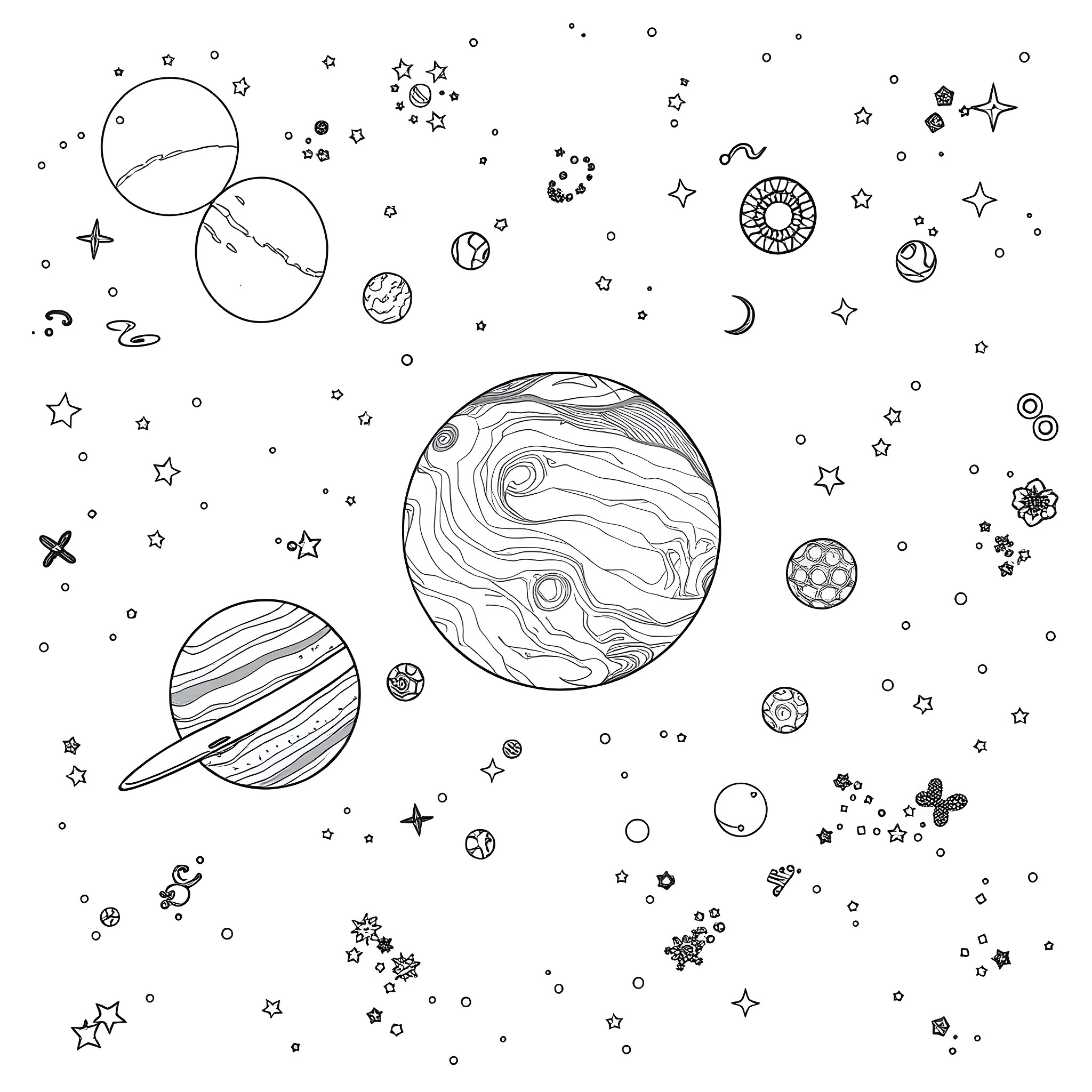 Planet Gazing in Cosmic Expanse Coloring Page (free black-and-white line drawing printable PDF for all, from beginners to advanced learners, including children, teens, adults, and seniors)