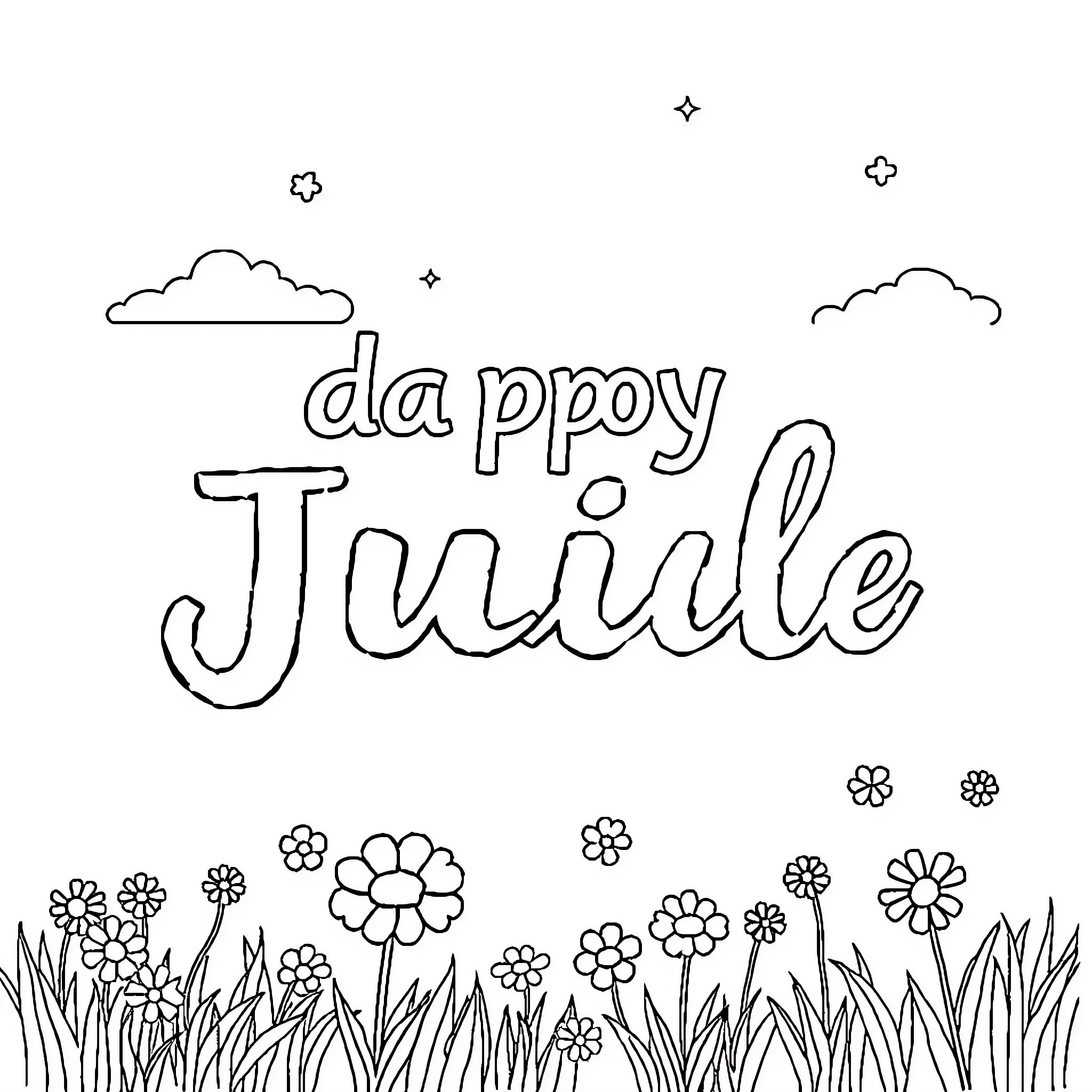 July Bright and Happy Floral Scene Coloring Page (free black-and-white line drawing printable PDF for all, from beginners to advanced learners, including children, teens, adults, and seniors)