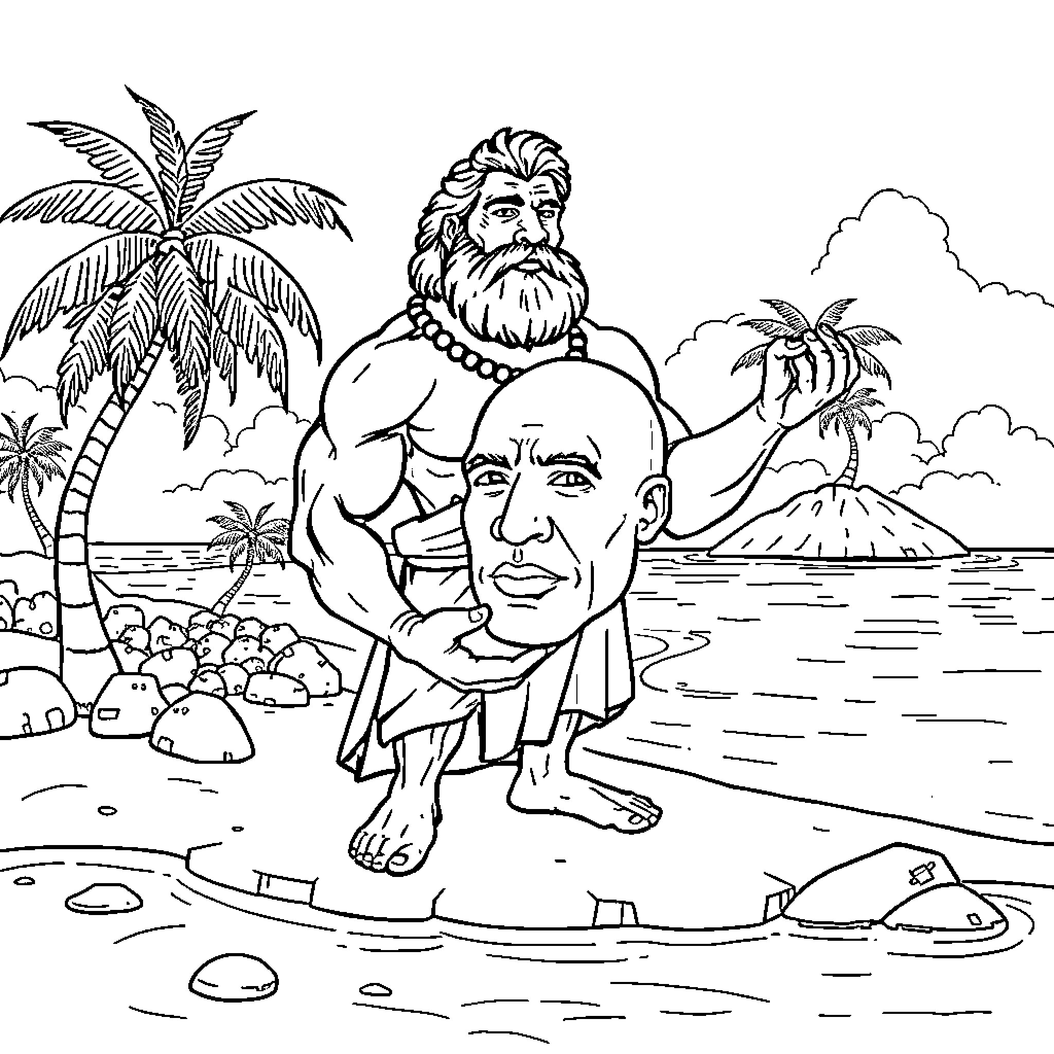 Aesop's Fables: Shipwrecked on a Tropical Island Coloring Page (free black-and-white line drawing printable PDF for all, from beginners to advanced learners, including children, teens, adults, and seniors)