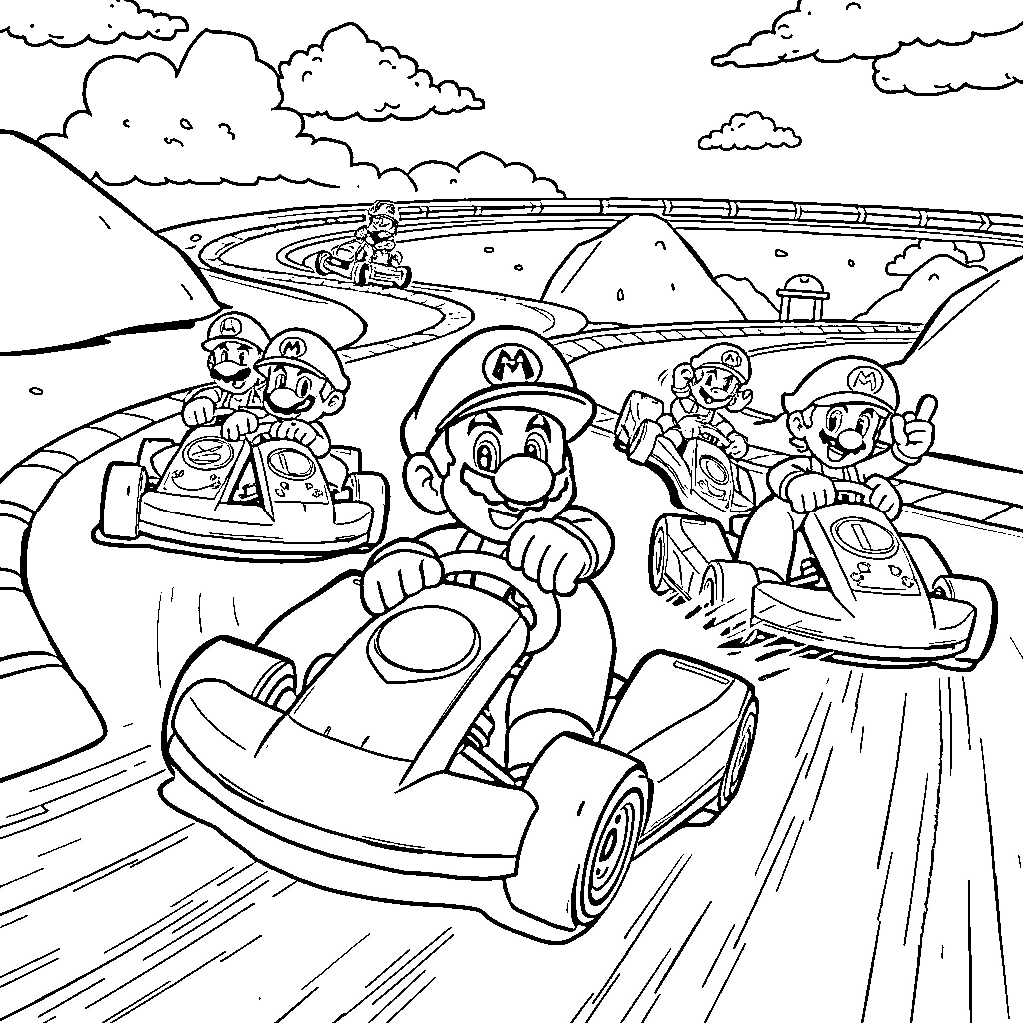 Mario Characters Engaging in Exciting Go-Kart Racing Coloring Page (free black-and-white line drawing printable PDF for all, from beginners to advanced learners, including children, teens, adults, and seniors)