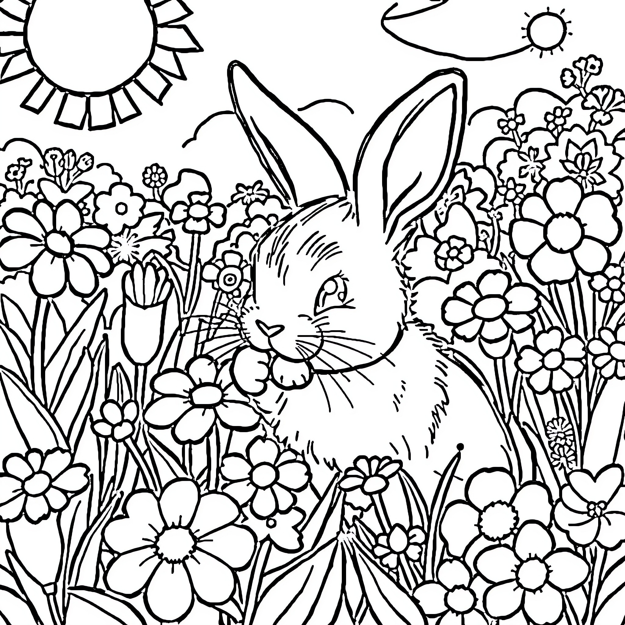 Bunny nestled among a garden of flowers Coloring Page (free black-and-white line drawing printable PDF for all, from beginners to advanced learners, including children, teens, adults, and seniors)
