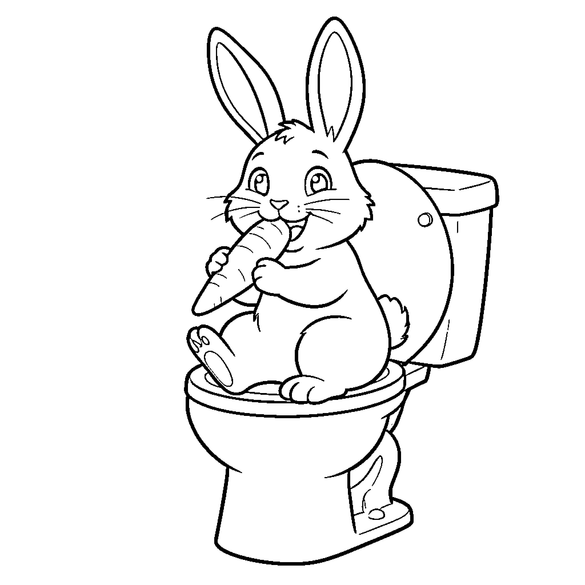 Bunny using the toilet Coloring Page (free black-and-white line drawing printable PDF for all, from beginners to advanced learners, including children, teens, adults, and seniors)