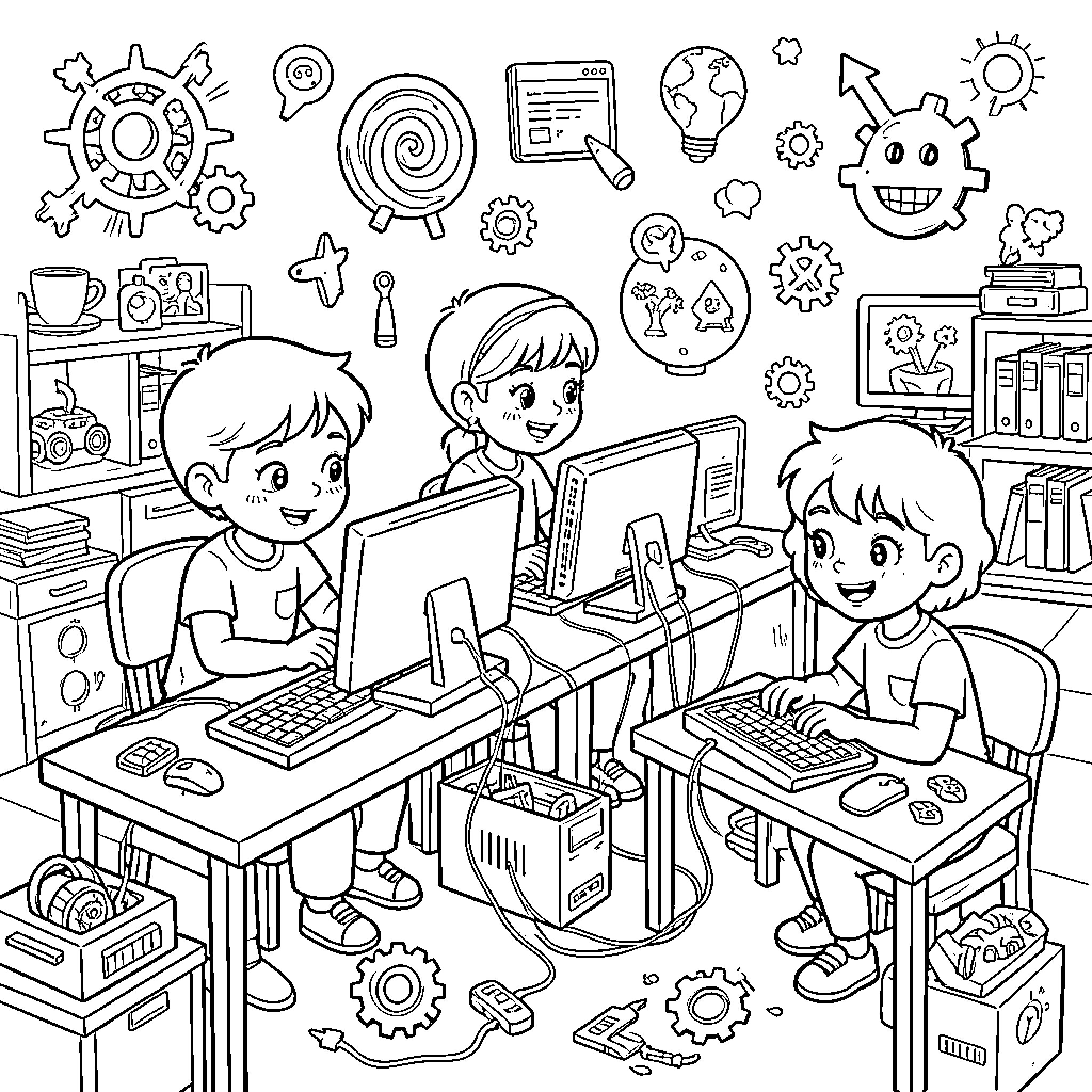 Niños aprendiendo y explorando en la clase de informática Coloring Page (free black-and-white line drawing printable PDF for all, from beginners to advanced learners, including children, teens, adults, and seniors)