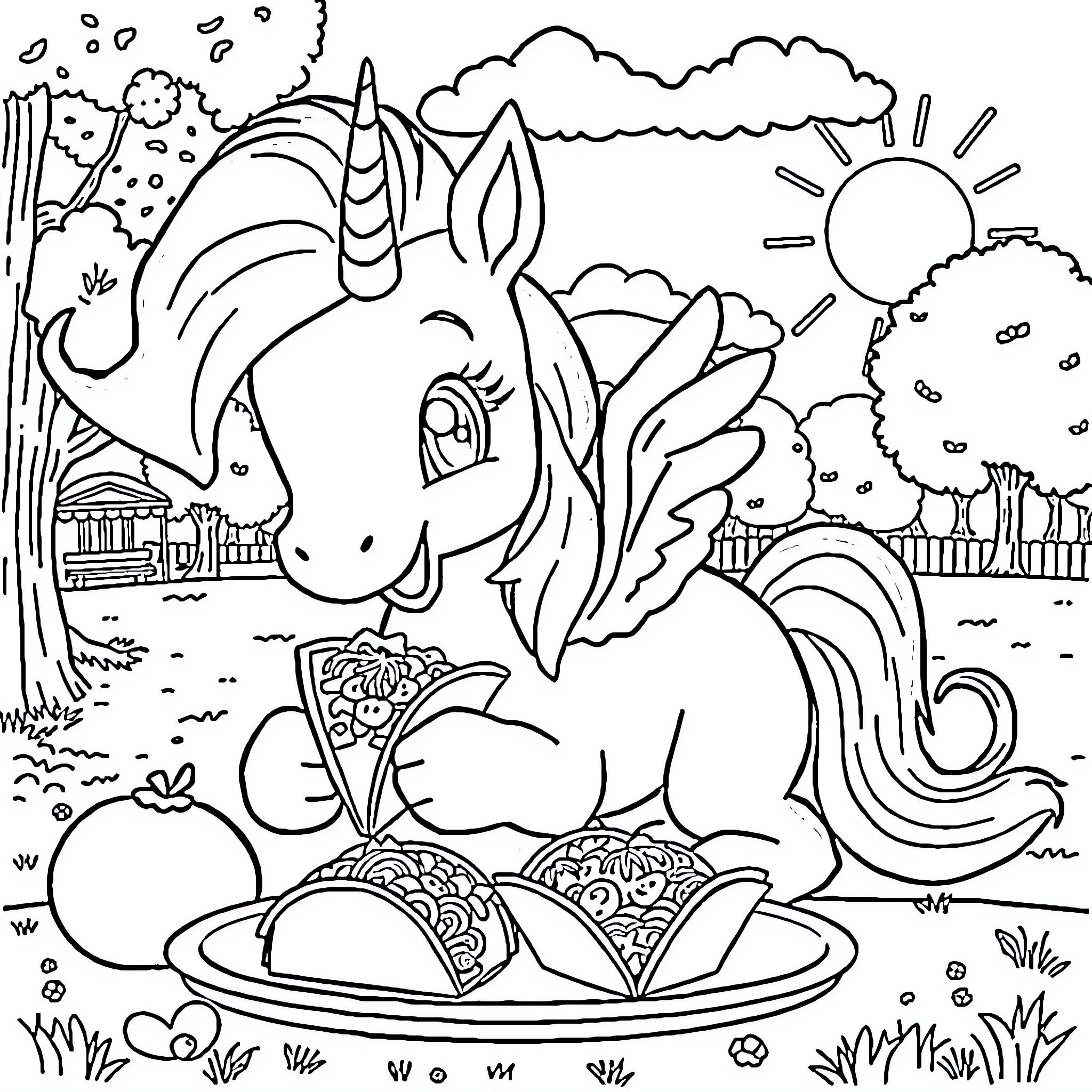 Bluey's Magical Unicorn Adventure Coloring Page (free black-and-white line drawing printable PDF for all, from beginners to advanced learners, including children, teens, adults, and seniors)