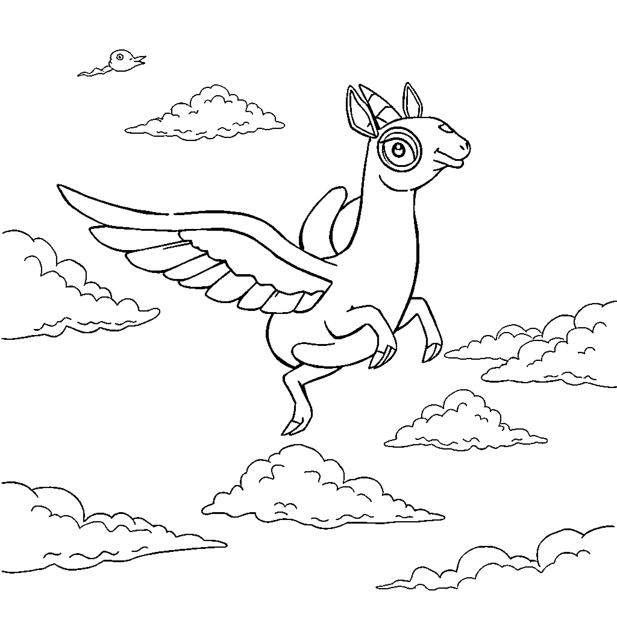 Flying Giraffe soaring through the sky Coloring Page (free black-and-white line drawing printable PDF for all, from beginners to advanced learners, including children, teens, adults, and seniors)