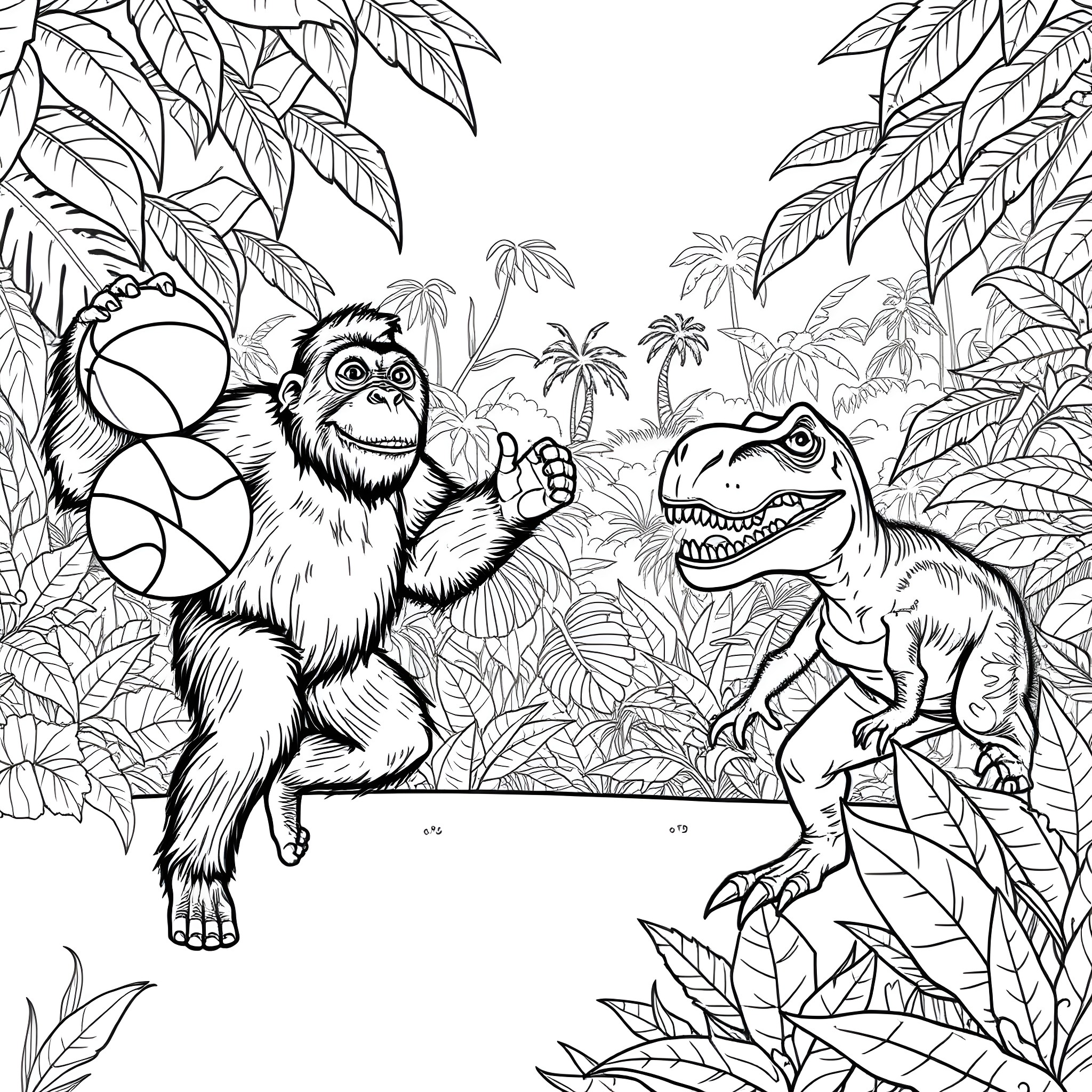Orangutan playing with Dinosaur in Tropical Forest Coloring Page (free black-and-white line drawing printable PDF for all, from beginners to advanced learners, including children, teens, adults, and seniors)