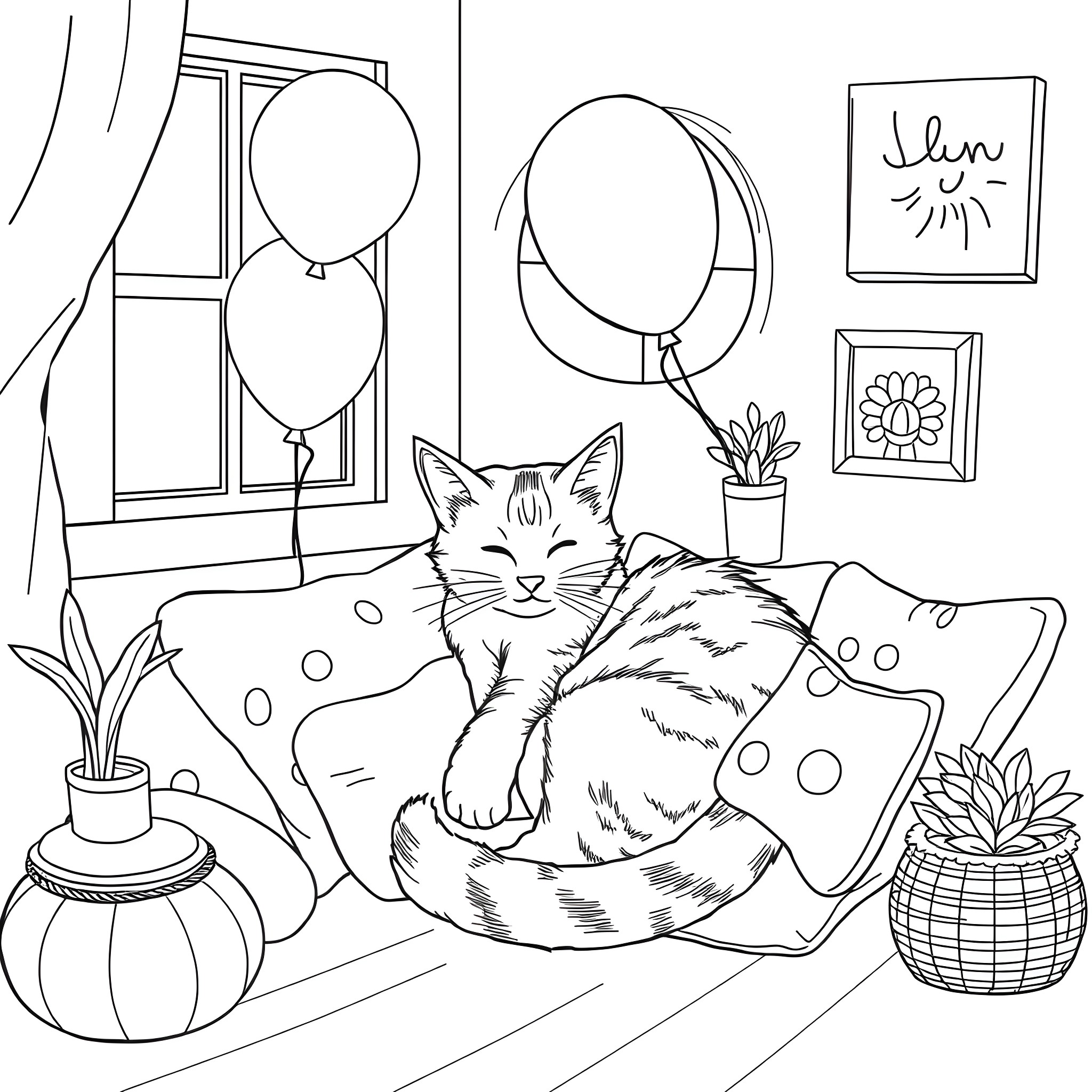 Cat relaxing in a cozy room with decor Coloring Page (free black-and-white line drawing printable PDF for all, from beginners to advanced learners, including children, teens, adults, and seniors)