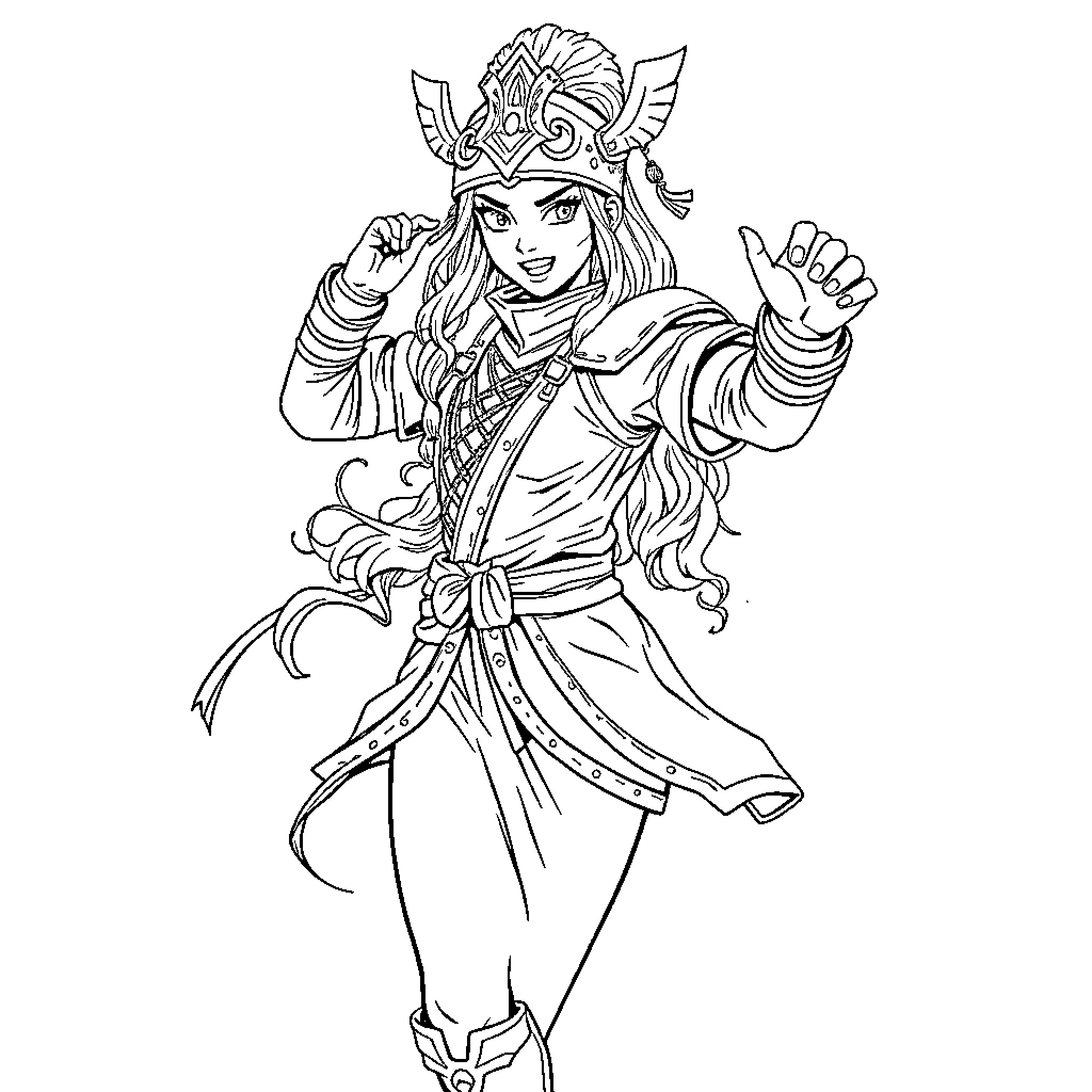 Rumi's Joyful Warrior Pose Coloring Page (free black-and-white line drawing printable PDF for all, from beginners to advanced learners, including children, teens, adults, and seniors)