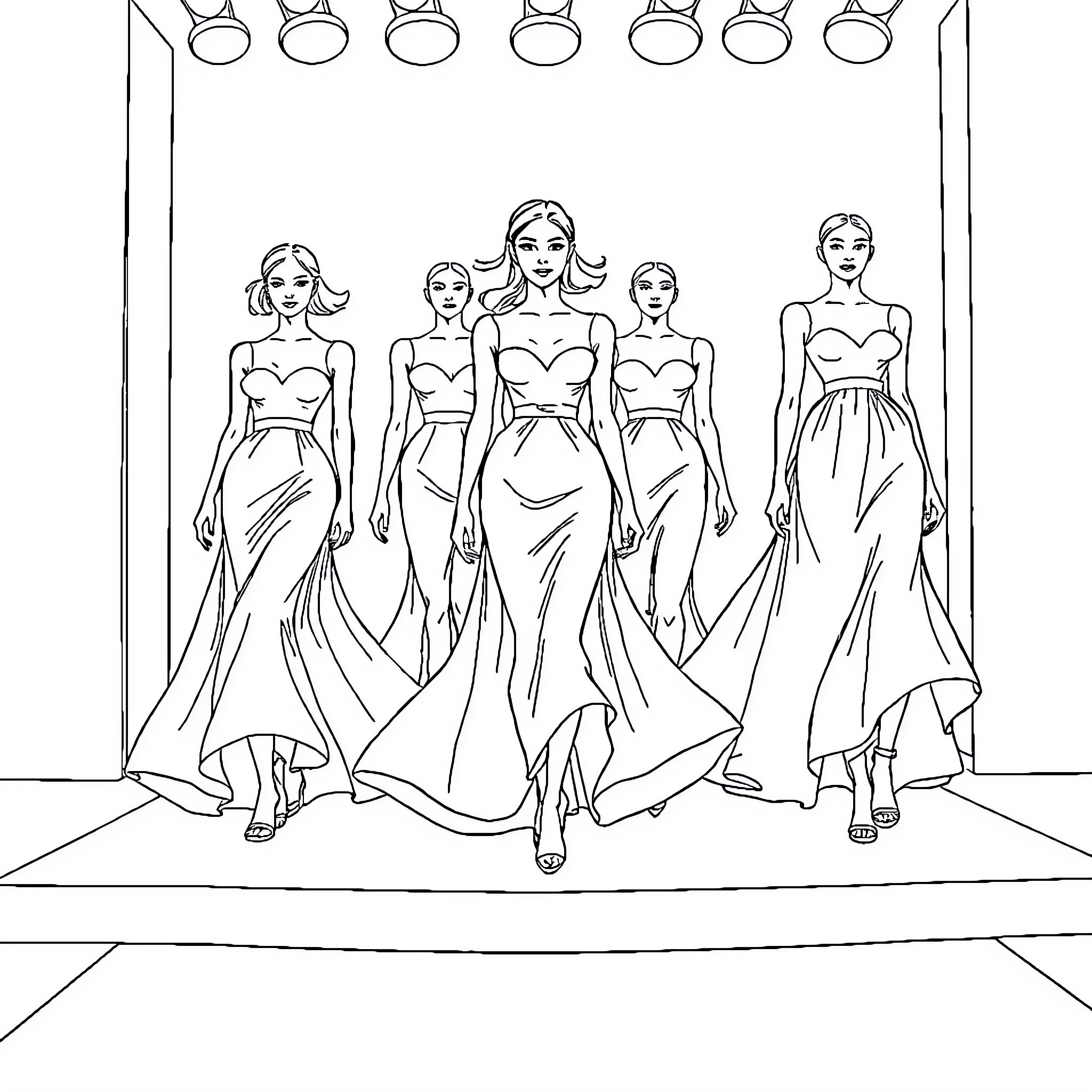 Fashion Models Showcasing Elegant Evening Gowns Coloring Page (free black-and-white line drawing printable PDF for all, from beginners to advanced learners, including children, teens, adults, and seniors)