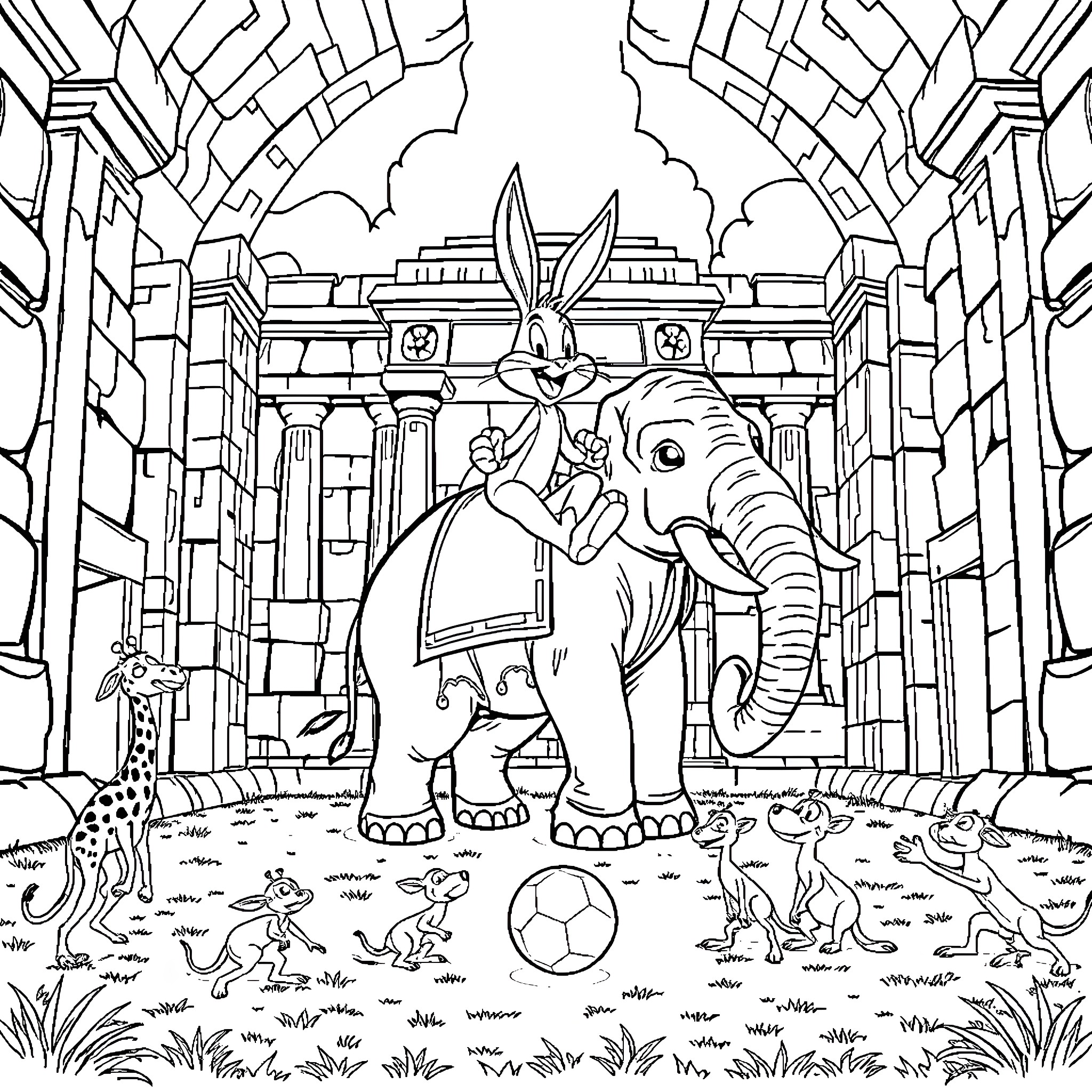 Bugs Bunny adventures in an ancient ruins with animals Coloring Page (free black-and-white line drawing printable PDF for all, from beginners to advanced learners, including children, teens, adults, and seniors)