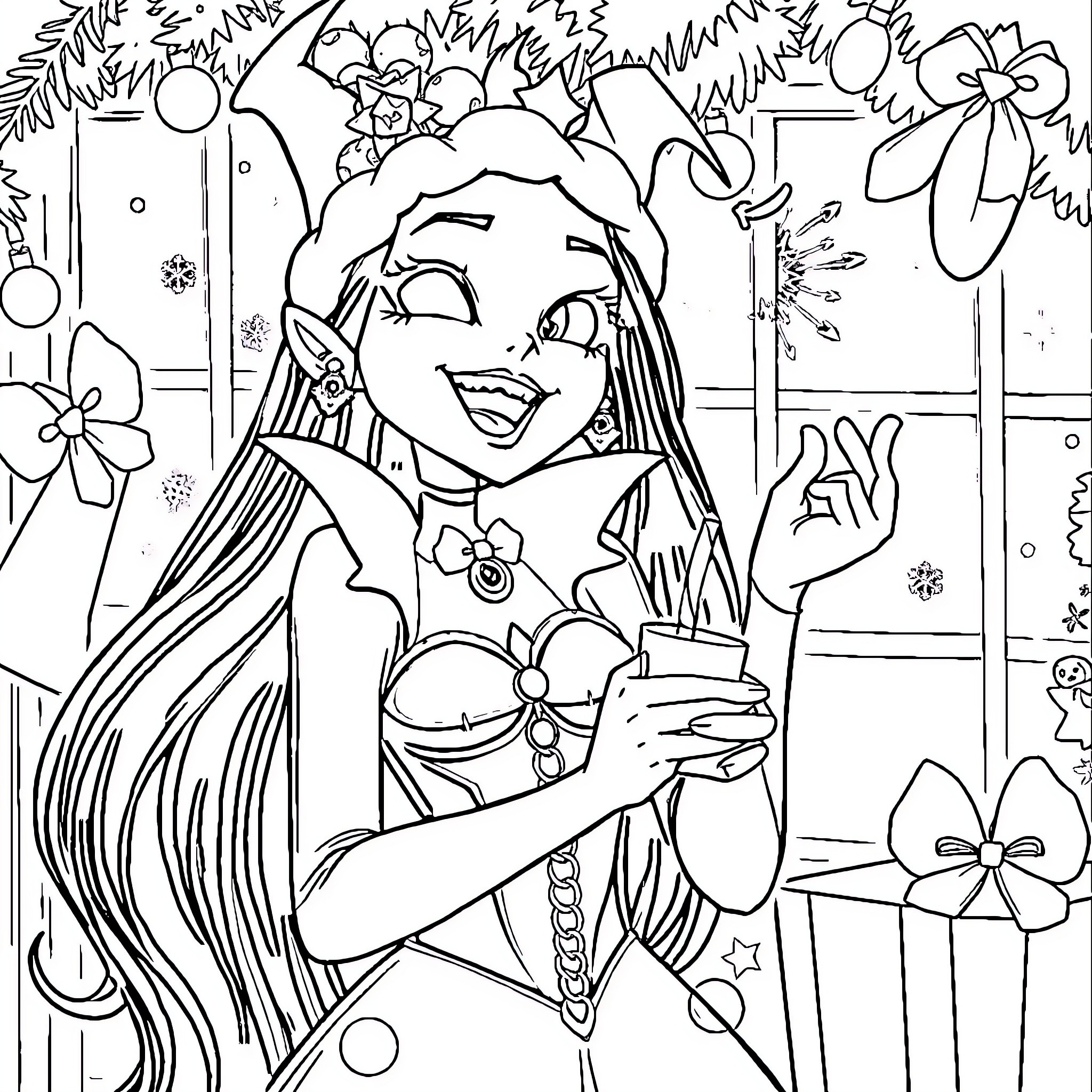 Marceline's Floral Celebration Coloring Page (free black-and-white line drawing printable PDF for all, from beginners to advanced learners, including children, teens, adults, and seniors)