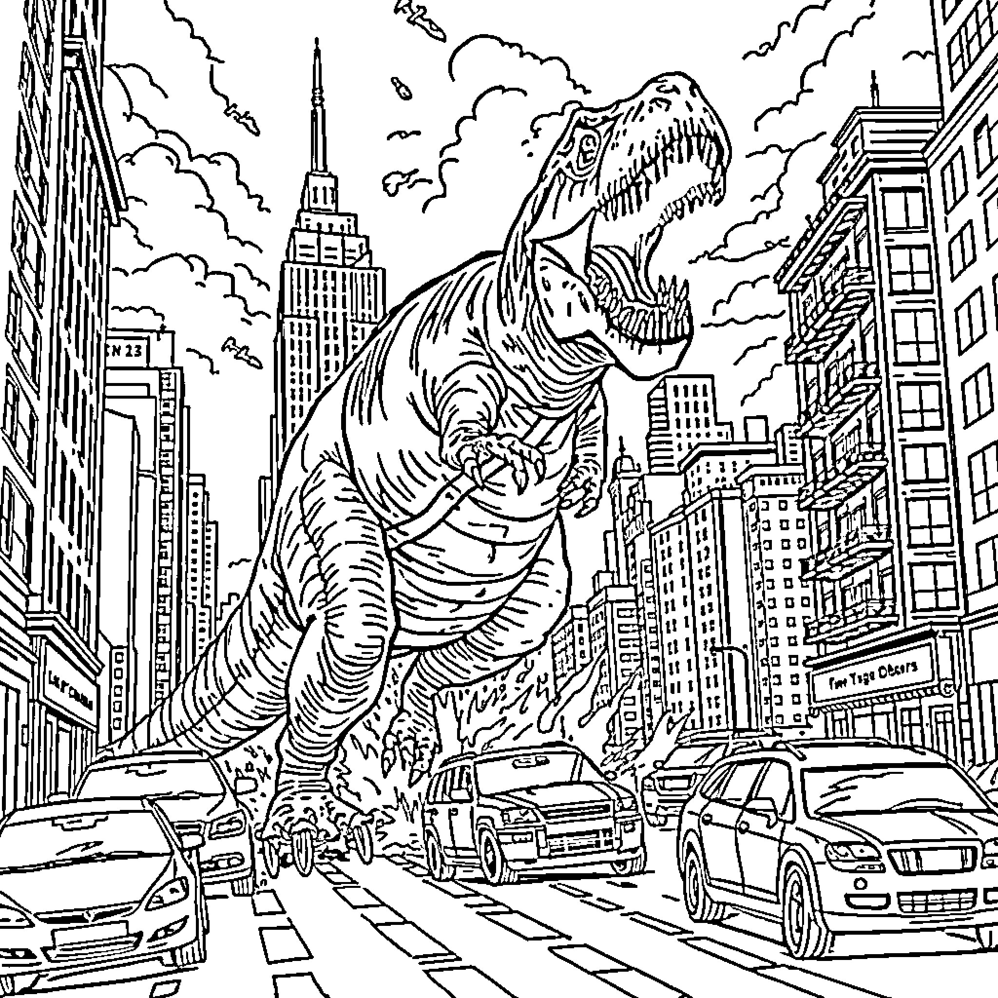 Dinosaur Rampages Through Cityscape Coloring Page (free black-and-white line drawing printable PDF for all, from beginners to advanced learners, including children, teens, adults, and seniors)
