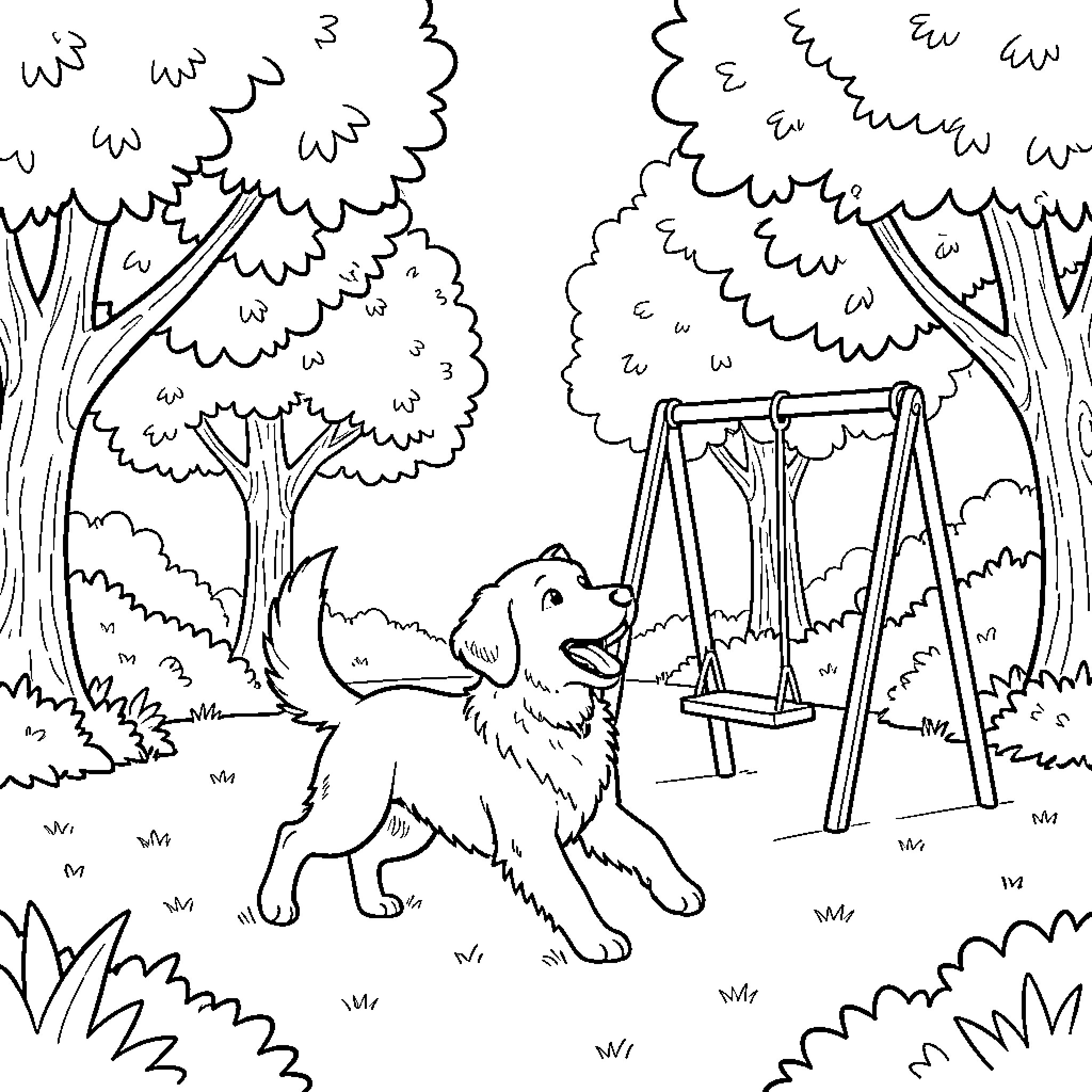 Perro jumping joyfully near a playground swing Coloring Page (free black-and-white line drawing printable PDF for all, from beginners to advanced learners, including children, teens, adults, and seniors)