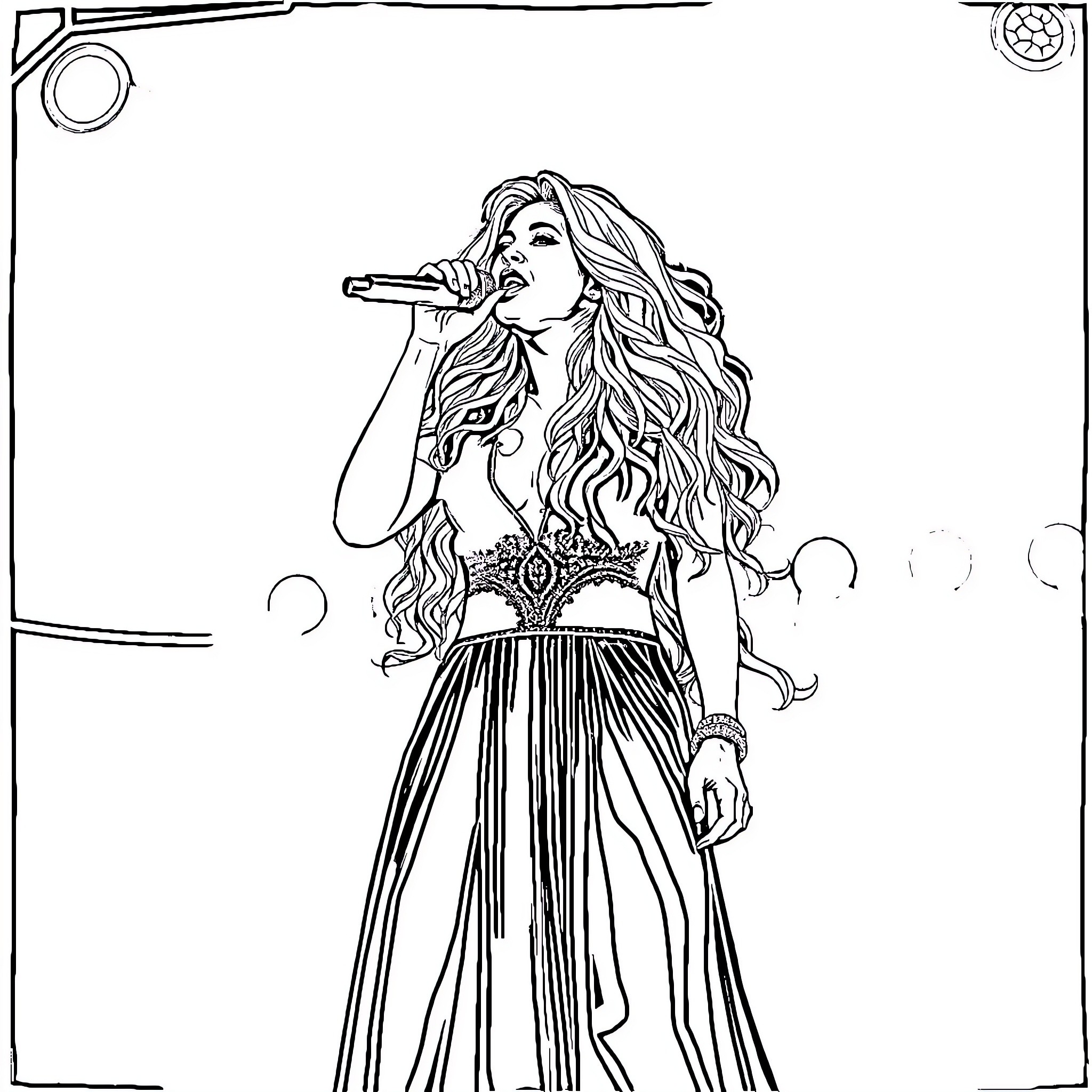 Shakira performing on stage with long curly hair Coloring Page (free black-and-white line drawing printable PDF for all, from beginners to advanced learners, including children, teens, adults, and seniors)