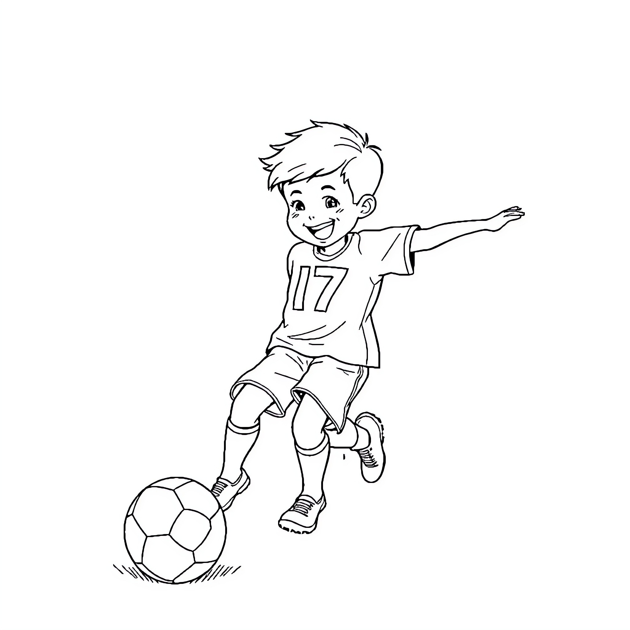 Boy playing soccer enthusiastically in the field Coloring Page (free black-and-white line drawing printable PDF for all, from beginners to advanced learners, including children, teens, adults, and seniors)