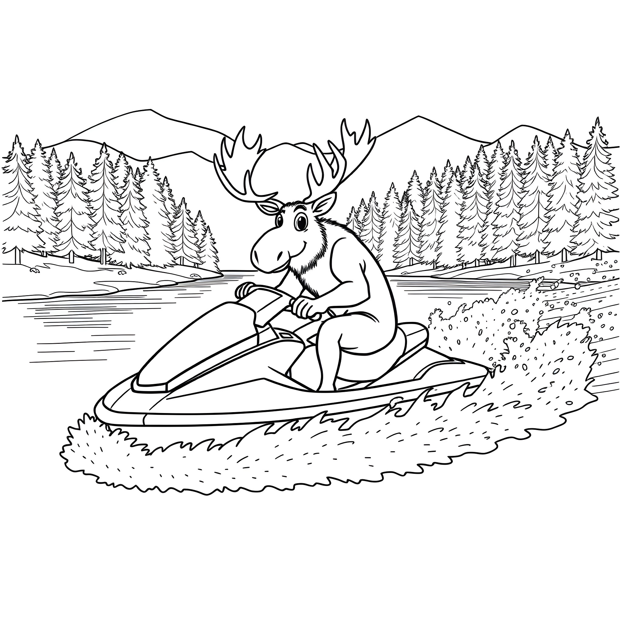 Moose riding a jet ski in the forest Coloring Page (free black-and-white line drawing printable PDF for all, from beginners to advanced learners, including children, teens, adults, and seniors)
