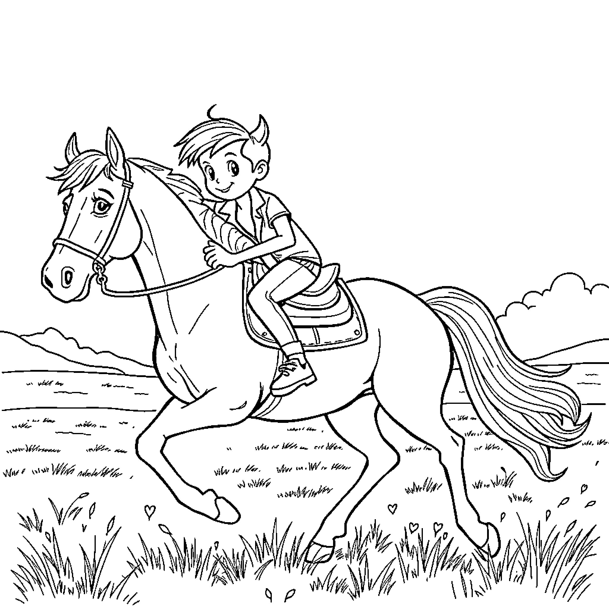 Horse and boy riding joyfully through field Coloring Page (free black-and-white line drawing printable PDF for all, from beginners to advanced learners, including children, teens, adults, and seniors)