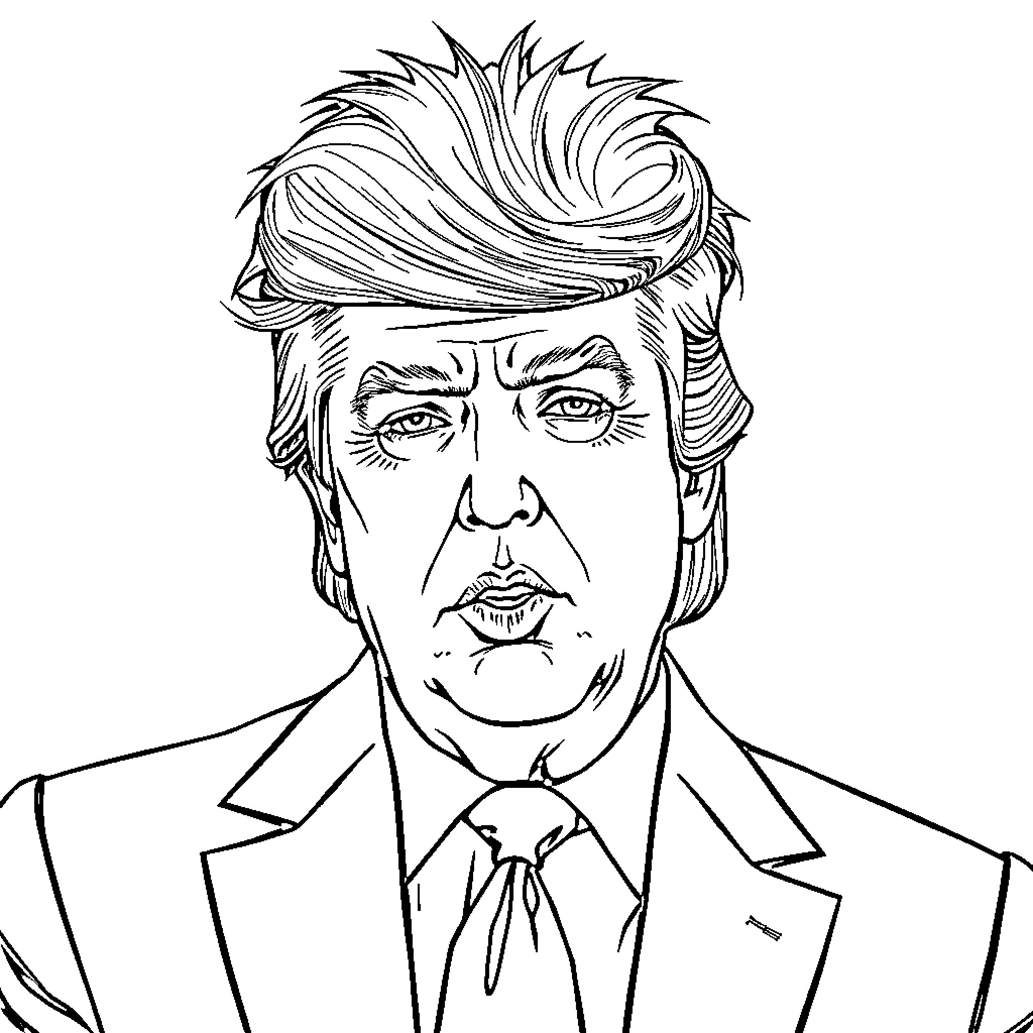 Donald Trump in a formal suit and tie Coloring Page (free black-and-white line drawing printable PDF for all, from beginners to advanced learners, including children, teens, adults, and seniors)