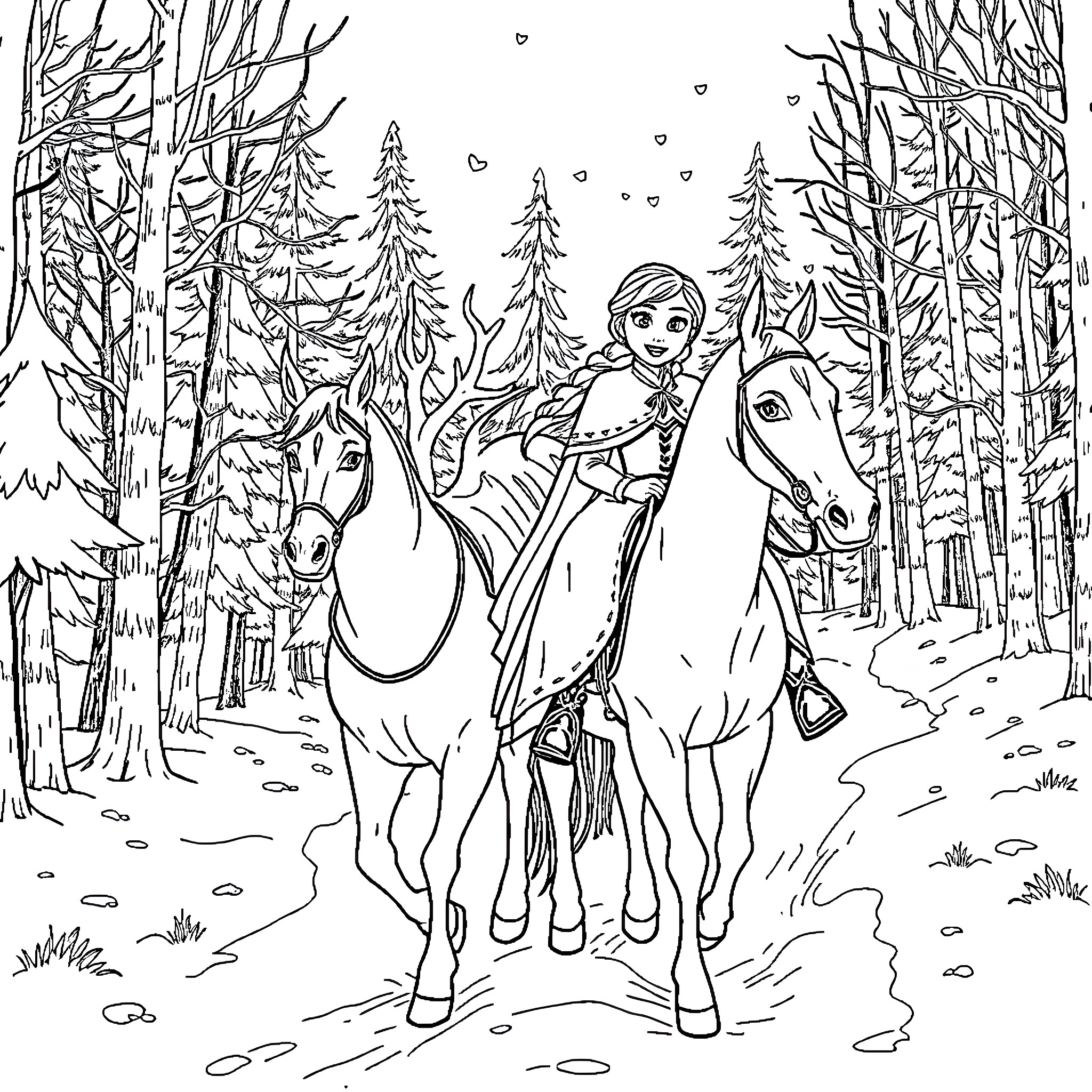 Elsa and Anna riding horses through a snowy forest Coloring Page (free black-and-white line drawing printable PDF for all, from beginners to advanced learners, including children, teens, adults, and seniors)