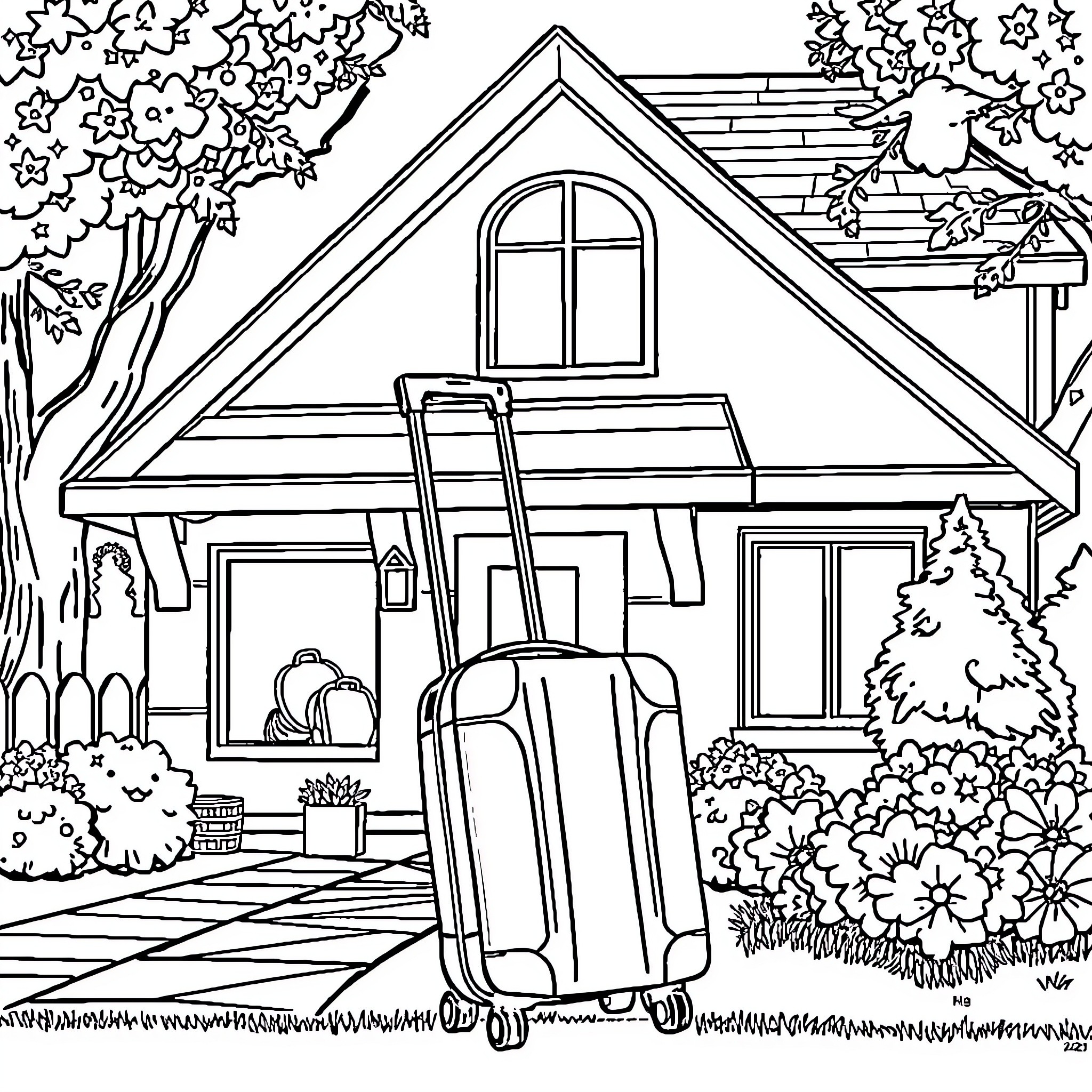 Valise of Stars and Suitcase at Cottage Coloring Page (free black-and-white line drawing printable PDF for all, from beginners to advanced learners, including children, teens, adults, and seniors)