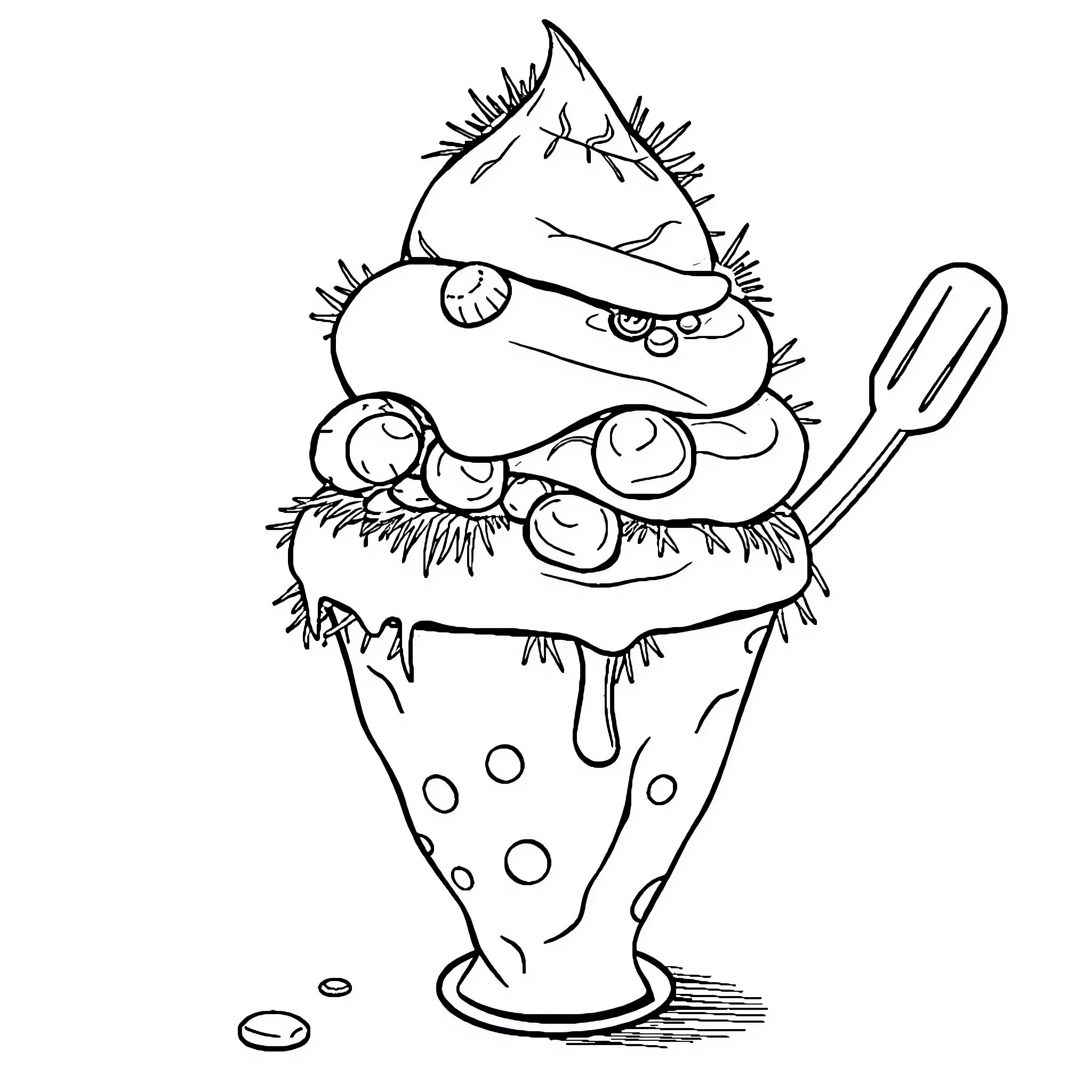 Pickle monster cooking in a sundae glass Coloring Page (free black-and-white line drawing printable PDF for all, from beginners to advanced learners, including children, teens, adults, and seniors)