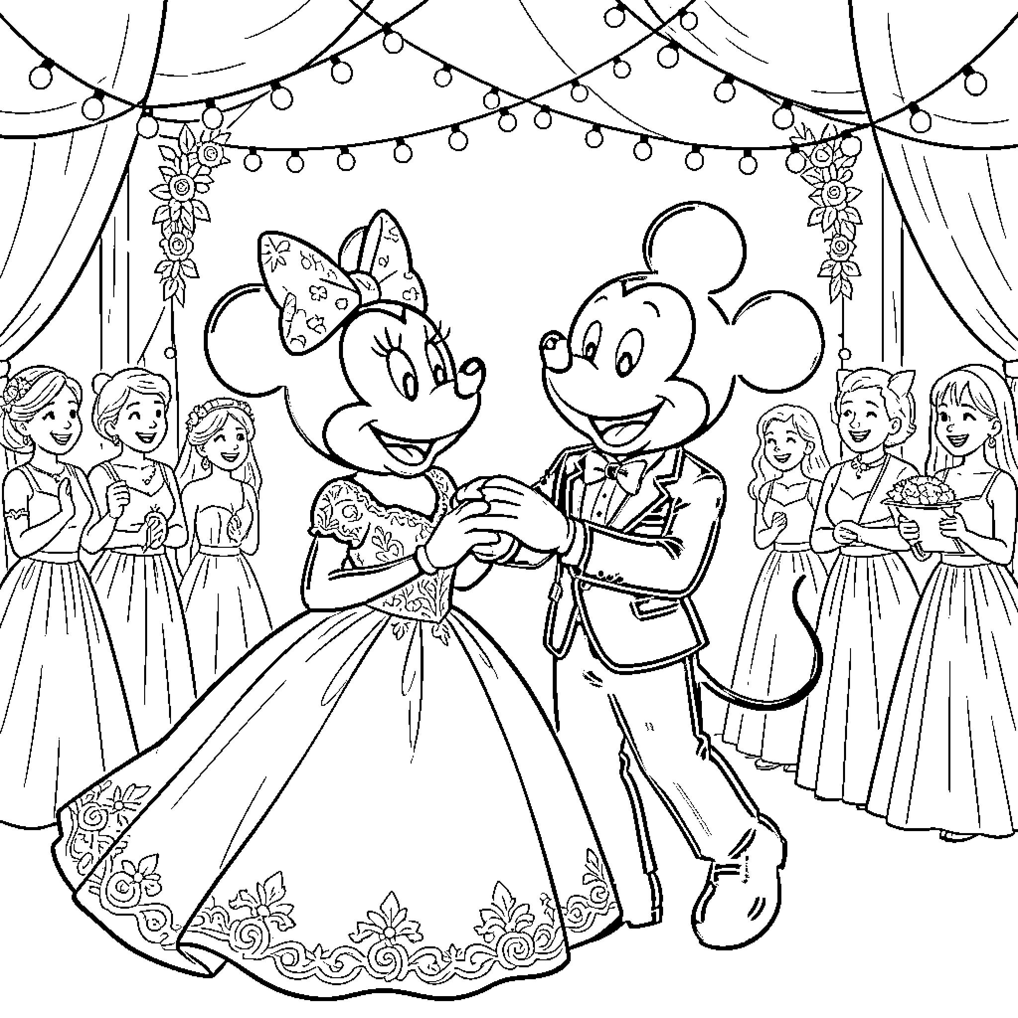 Minnie Mouse and Mickey Mouse's Romantic Ballroom Dance Coloring Page (free black-and-white line drawing printable PDF for all, from beginners to advanced learners, including children, teens, adults, and seniors)