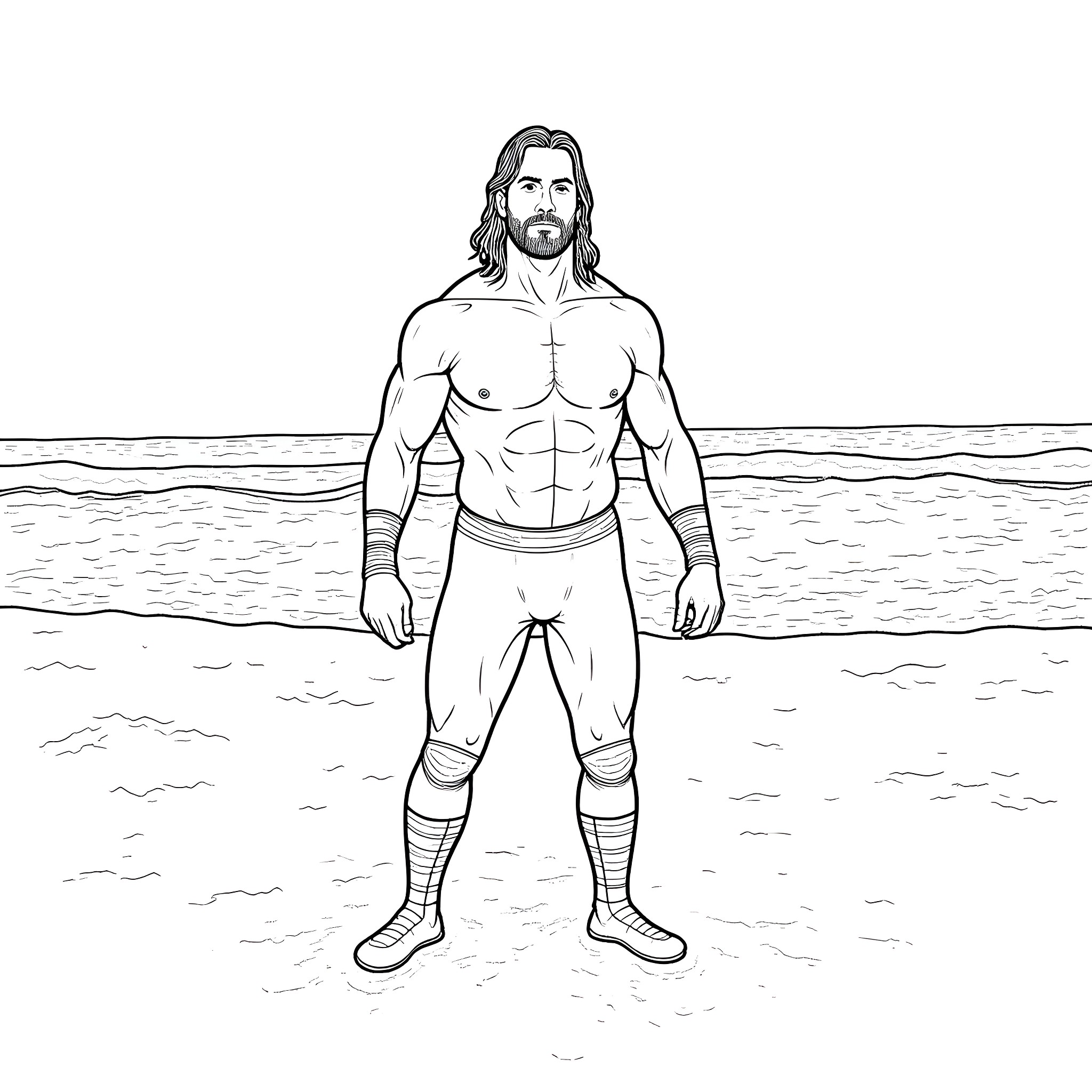 Wrestler posing on the beach Coloring Page (free black-and-white line drawing printable PDF for all, from beginners to advanced learners, including children, teens, adults, and seniors)