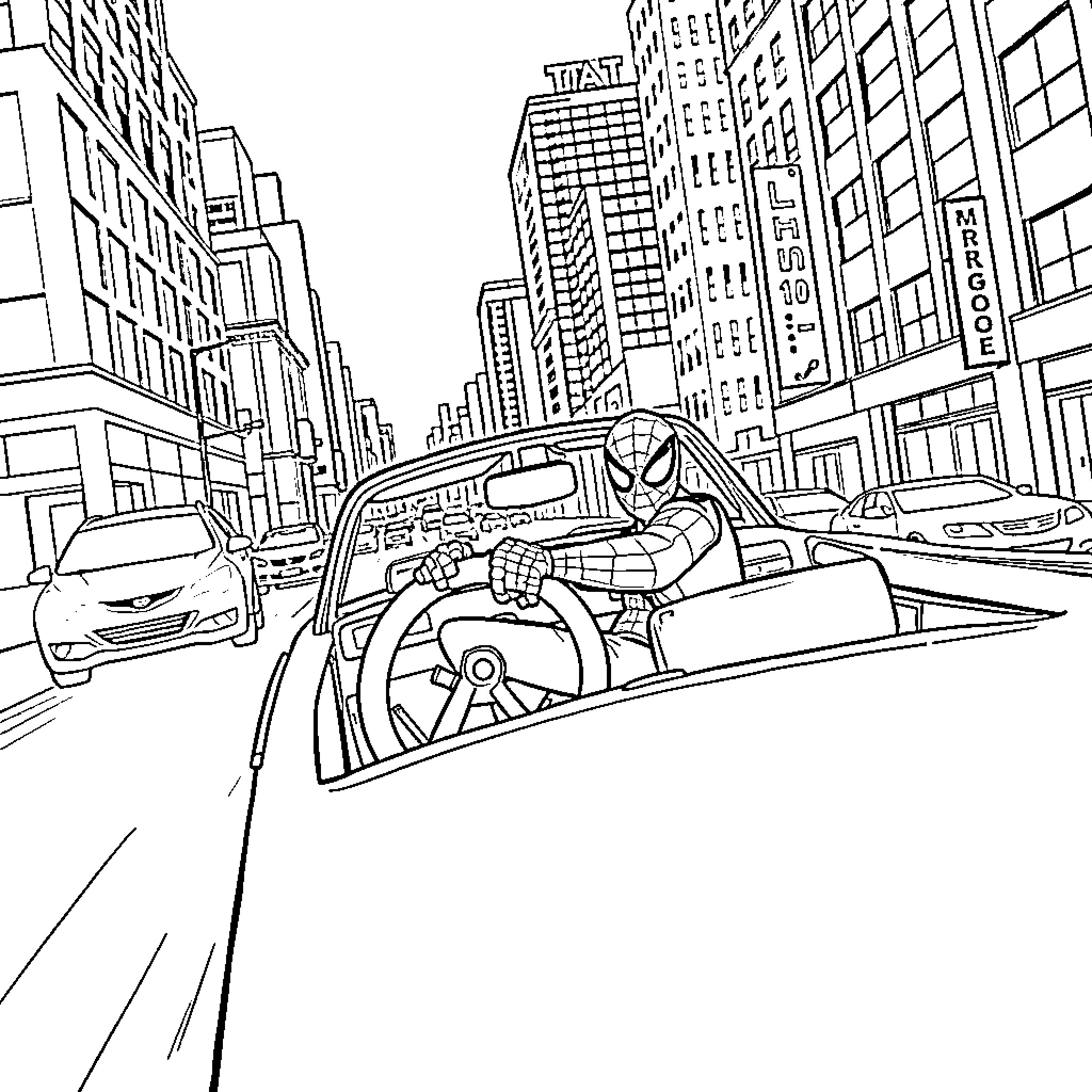 Spiderman swinging through the city in his web-slinging vehicle Coloring Page (free black-and-white line drawing printable PDF for all, from beginners to advanced learners, including children, teens, adults, and seniors)