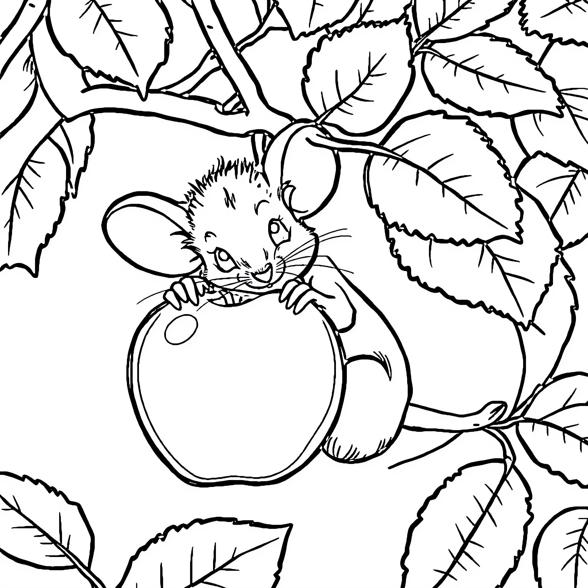 Mouse peeking out from a leaf-filled scene Coloring Page (free black-and-white line drawing printable PDF for all, from beginners to advanced learners, including children, teens, adults, and seniors)