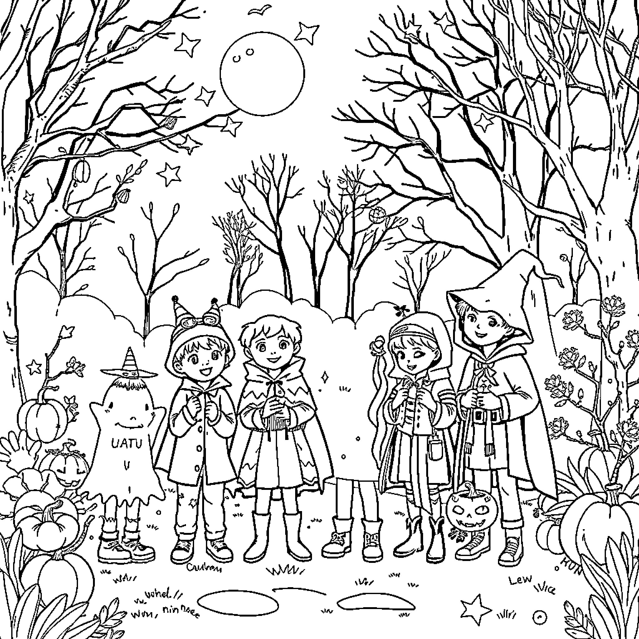 Children in costumes exploring a magical forest Coloring Page (free black-and-white line drawing printable PDF for all, from beginners to advanced learners, including children, teens, adults, and seniors)